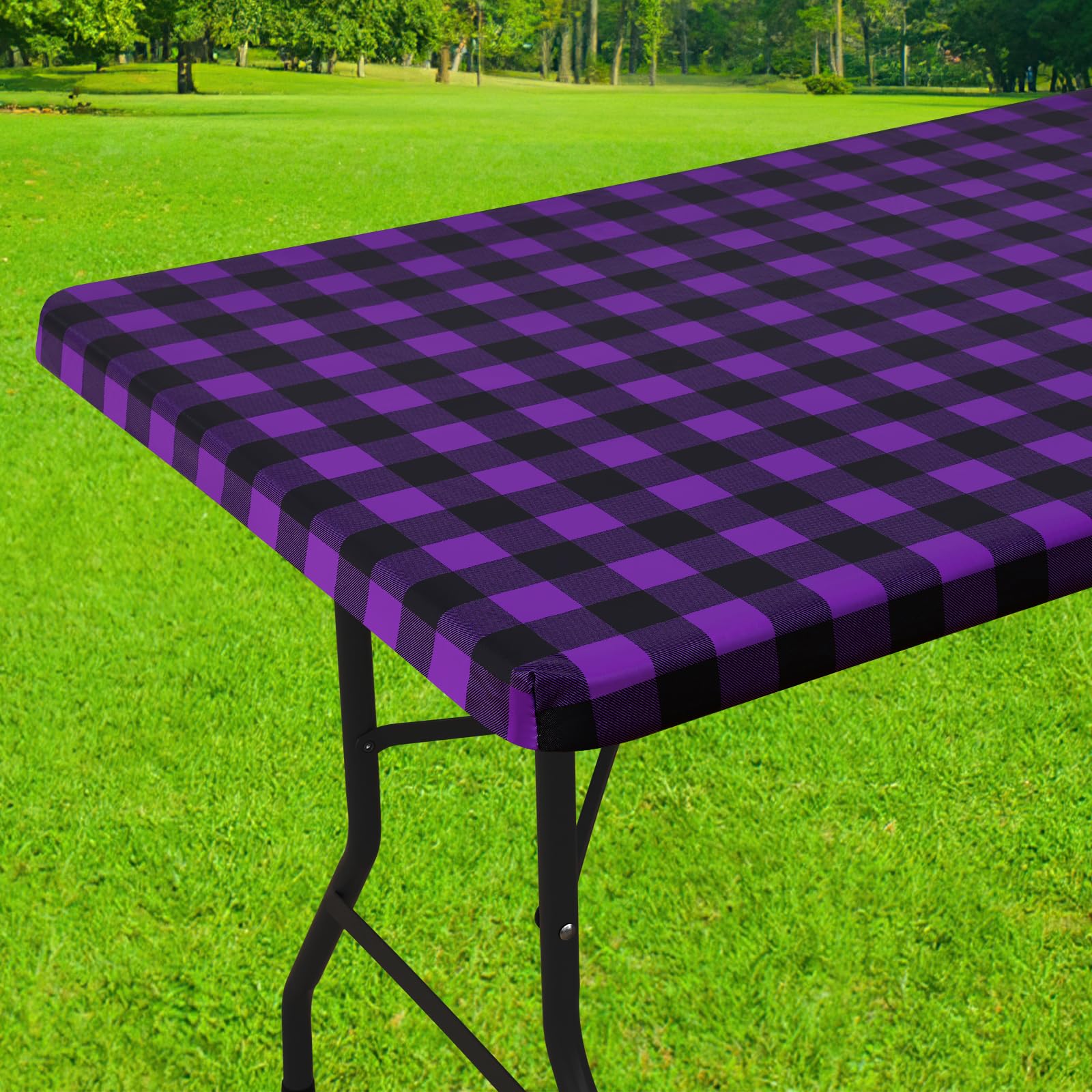 Smiry Rectangle Picnic Table Cloth, Elastic Waterproof Fitted Vinyl Tablecloths, Flannel Backed Buffalo Plaid Table Covers for Dining, Camping, Outdoor (Black and White, 30" x 72")