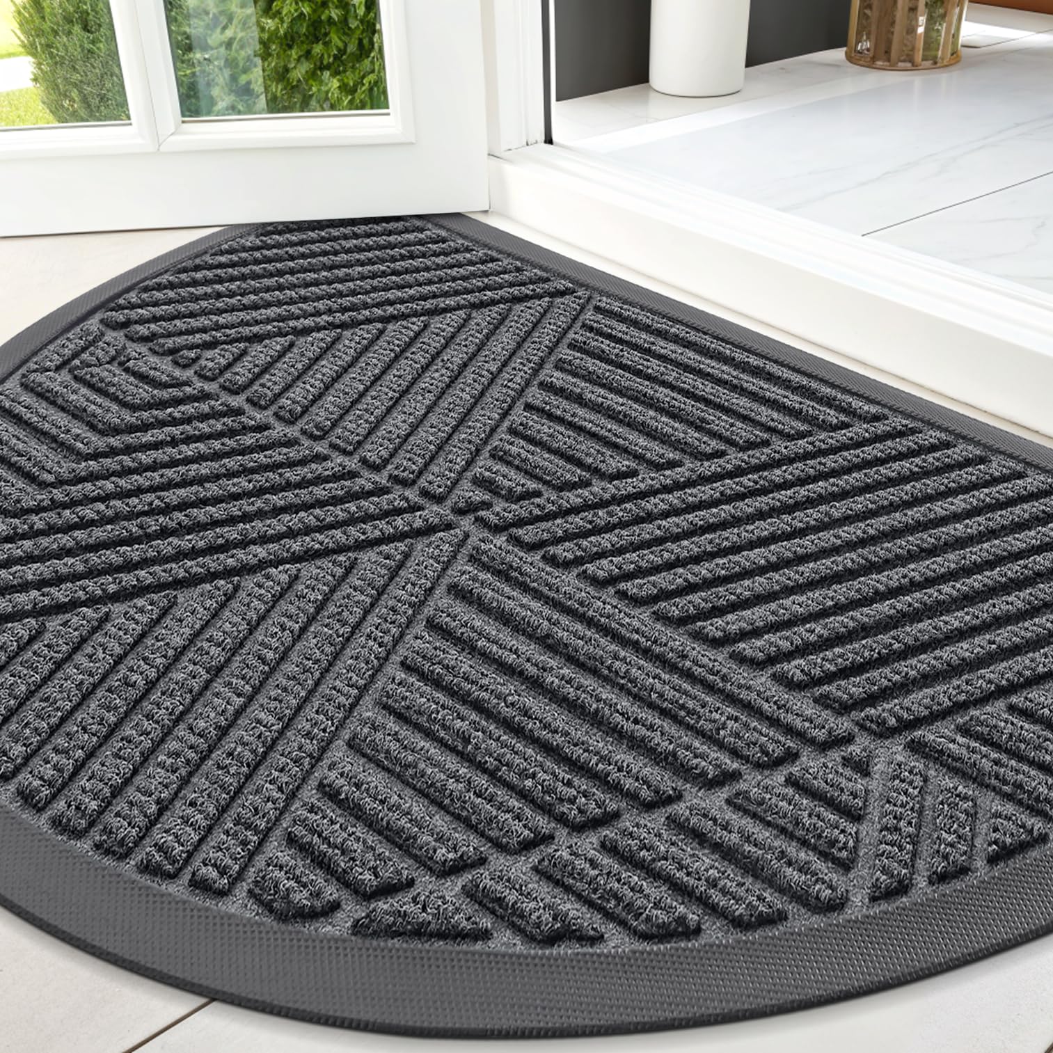 Smiry Front Door Mat Outside Entrance, Heavy Duty Sturdy Natural Rubber Doormat, Trap Dirt and Moisture, Easy Clean Low Profile Mats for Indoor Outdoor Entry, Irregular Triangle (29.5x17, Black)