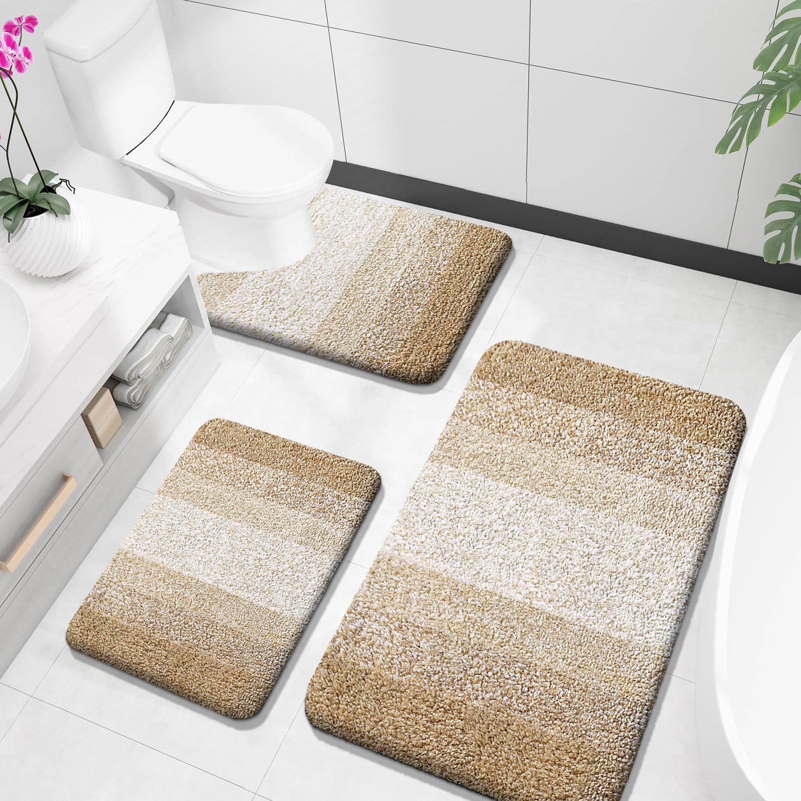 OLANLY Bathroom Rugs Sets 3 Piece, Soft Absorbent Microfiber Bath Mats and U-Shaped Contour Toilet Rug, Machine Wash Dry, Plush Shaggy Bath Mat Set for Bathroom (30"x20"+24"x16"+24"x20", Grey)