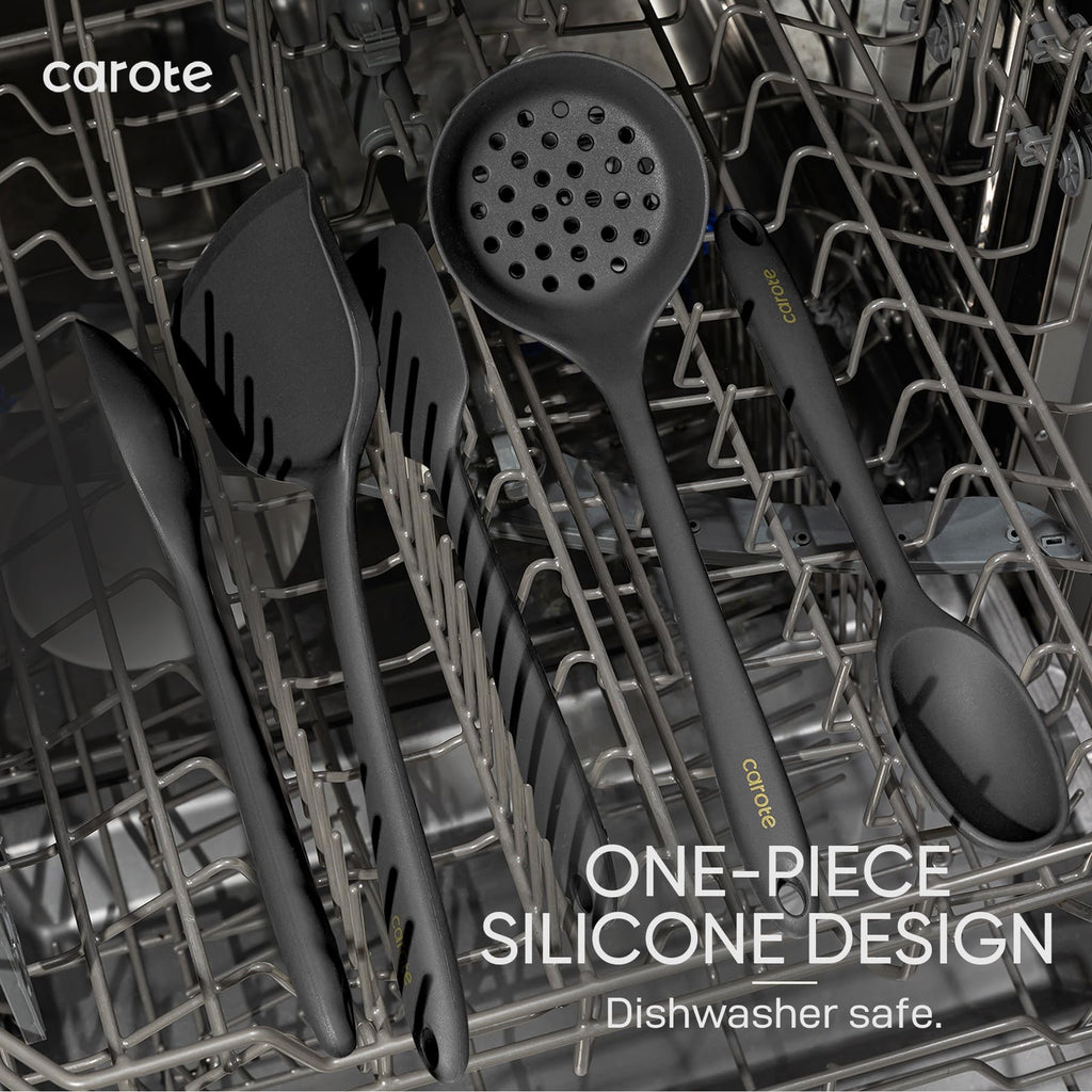 CAROTE Kitchen Utensil Set for Nonstick Cookware - 446°F Heat Resistant Silicone Cooking Utensils Set 10pcs, Dark Grey, Oderless Spatula, Turner