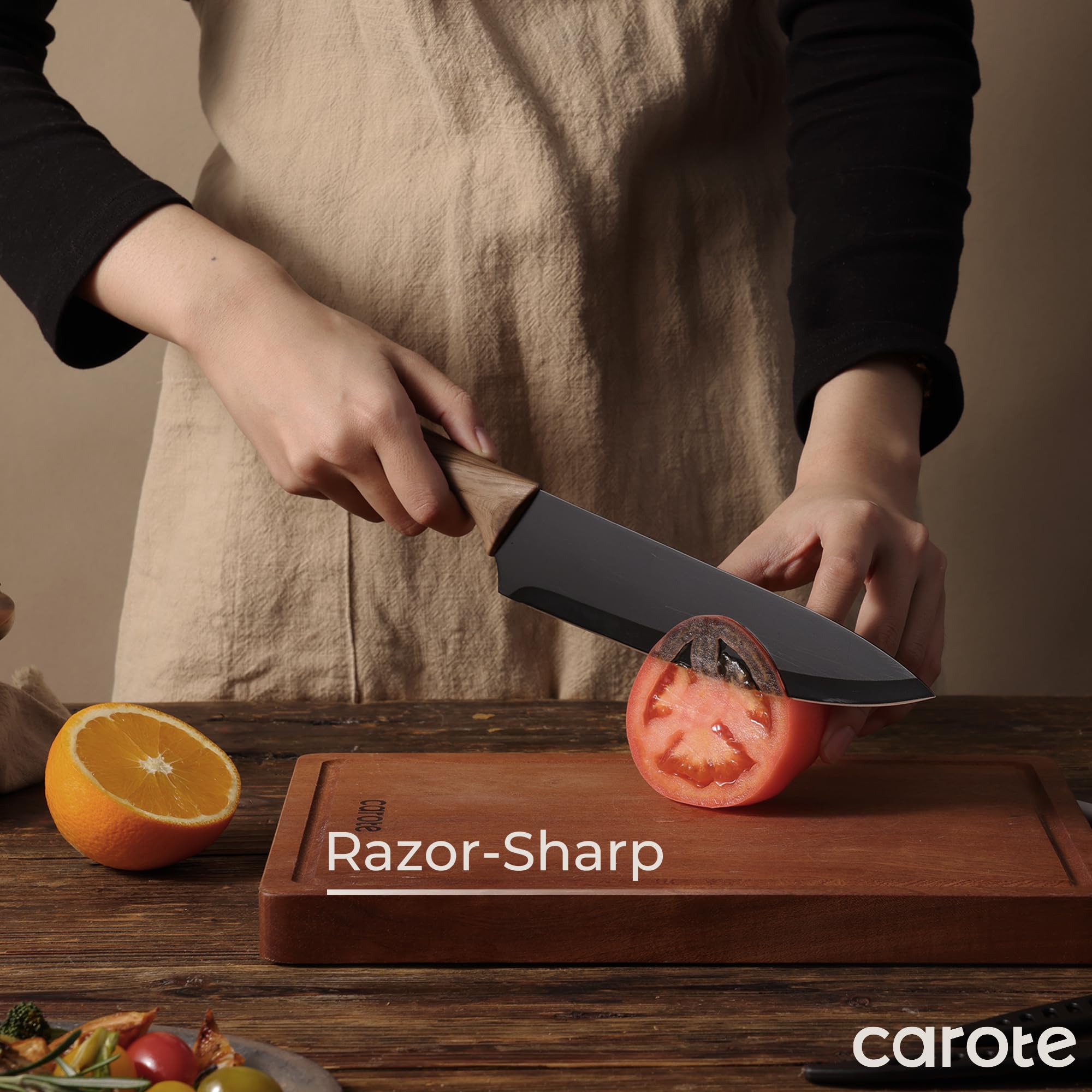 CAROTE 12PCS Knife Set, Stainless Steel Kitchen Knife Set with Nonstick Ceramic Coating, 6 Knives with Blade Guards, Rustproof, Easy-Clean, Black
