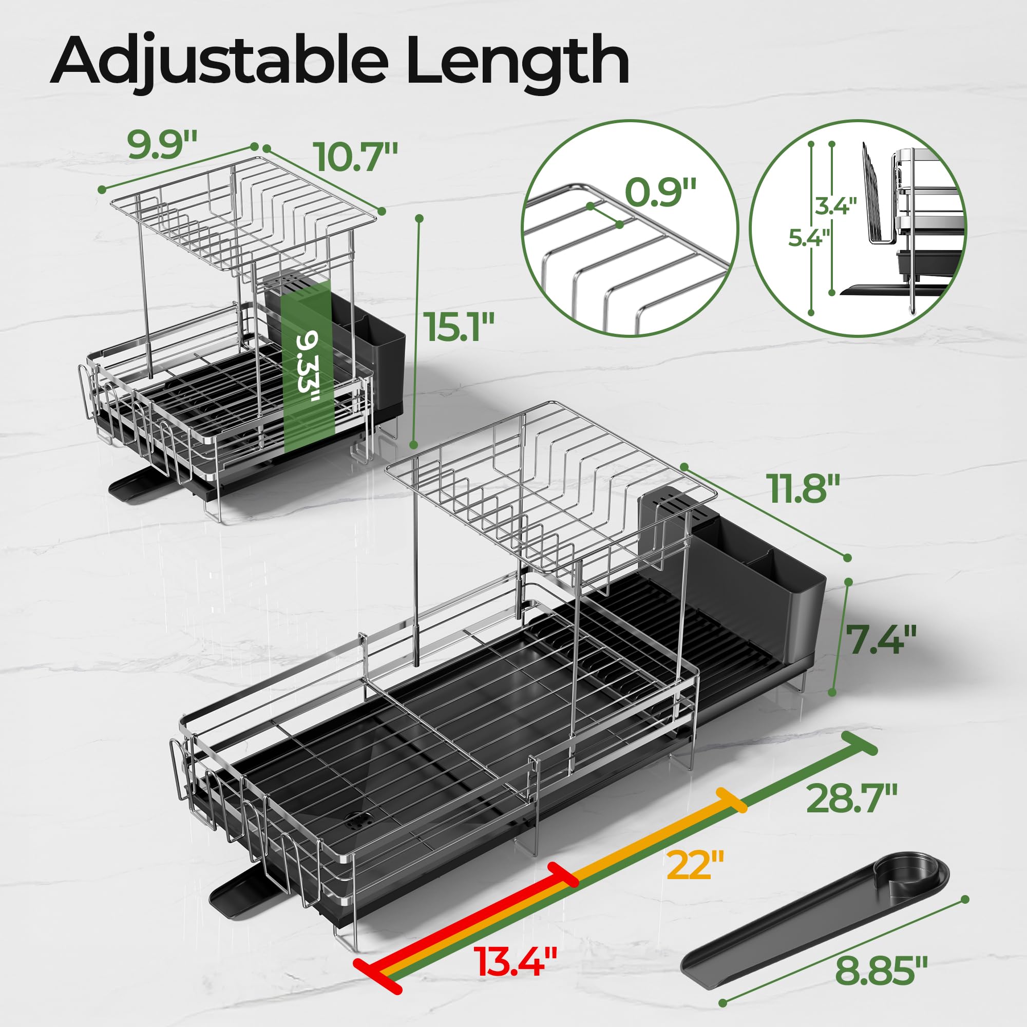 Large Dish Drying Rack, Expandable Dish Rack, Stainless Steel Anti-Rust Dish Racks for Kitchen Counter, Multifunctional Dish Drainer with Utensil Holder & Cup Holder, 13.4"-28.7" L x 11.8" W