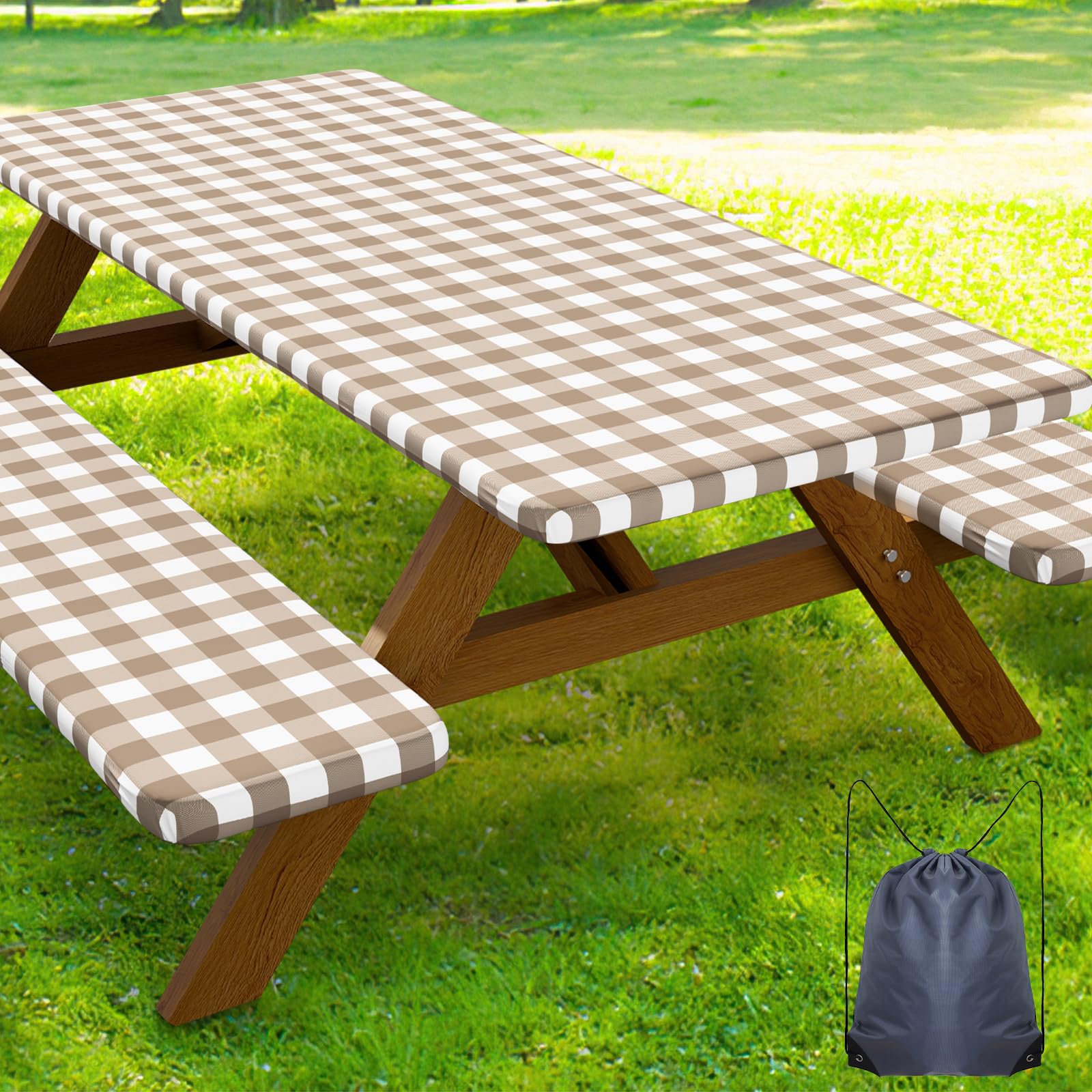 Smiry Picnic Table Cover with Bench Covers, Waterproof Elastic Fitted Tablecloths for 6 Foot Rectangle Tables, Washable Buffalo Plaid Tablecloth for Camping, Outdoor (Black & White, 30"x72")