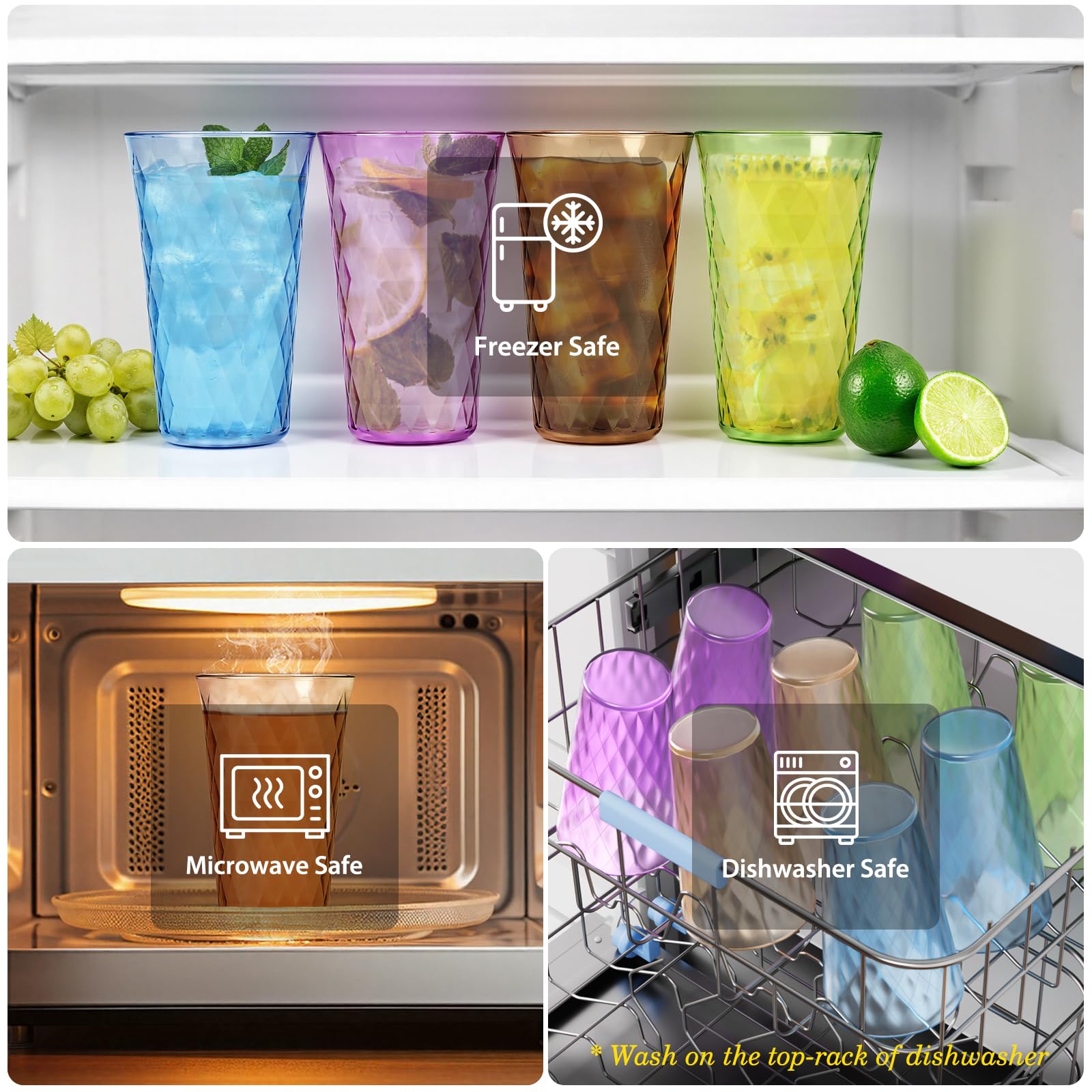 Freshmage 8 Pack 20 oz Unbreakable Plastic Drinking Glasses, All-Clear Reusable Drinking Cups- BPA Free, Dishwasher & Microwave Safe, Stackable Tumblers for Home, Outdoor, Camping, Picnic, Pool