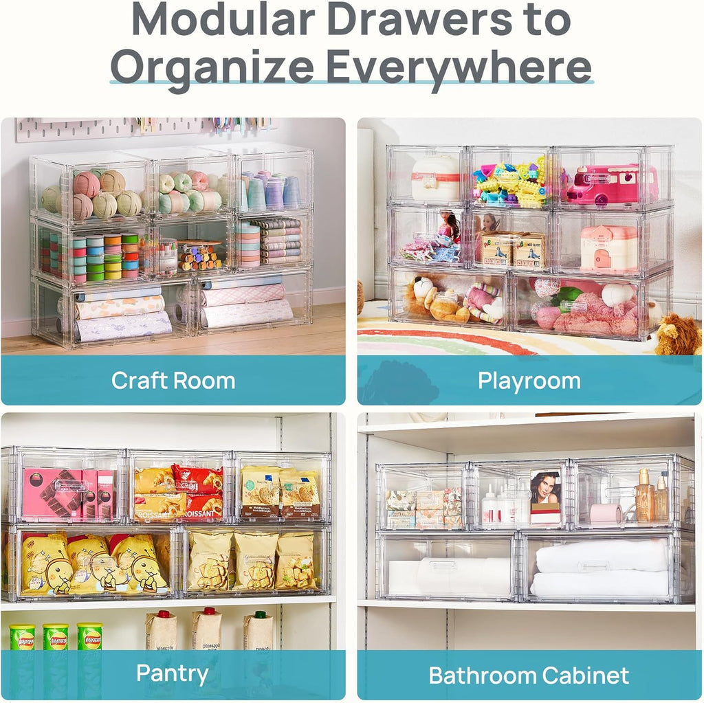 Vtopmart 4 Pack 18QT Clear Stackable Storage Drawers,Easily Assemble Closet Organizers,Plastic Storage Bins for Bathroom,Cabinet,Kitchen Pantry,Under Sink Organization(Medium)
