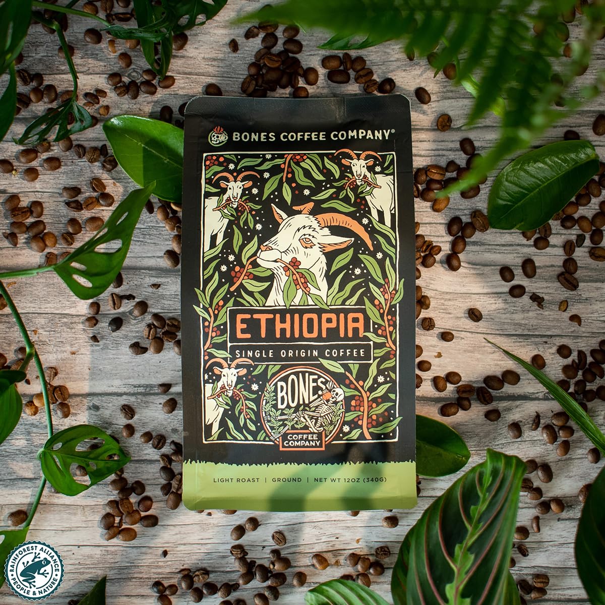 Bones Coffee Company Ethiopia Single-Origin, Citrus, Floral and Berries Notes, Whole Coffee Beans, Low Acid Medium Roast Arabica Beans Flavored Coffee, 12 oz Whole Bean
