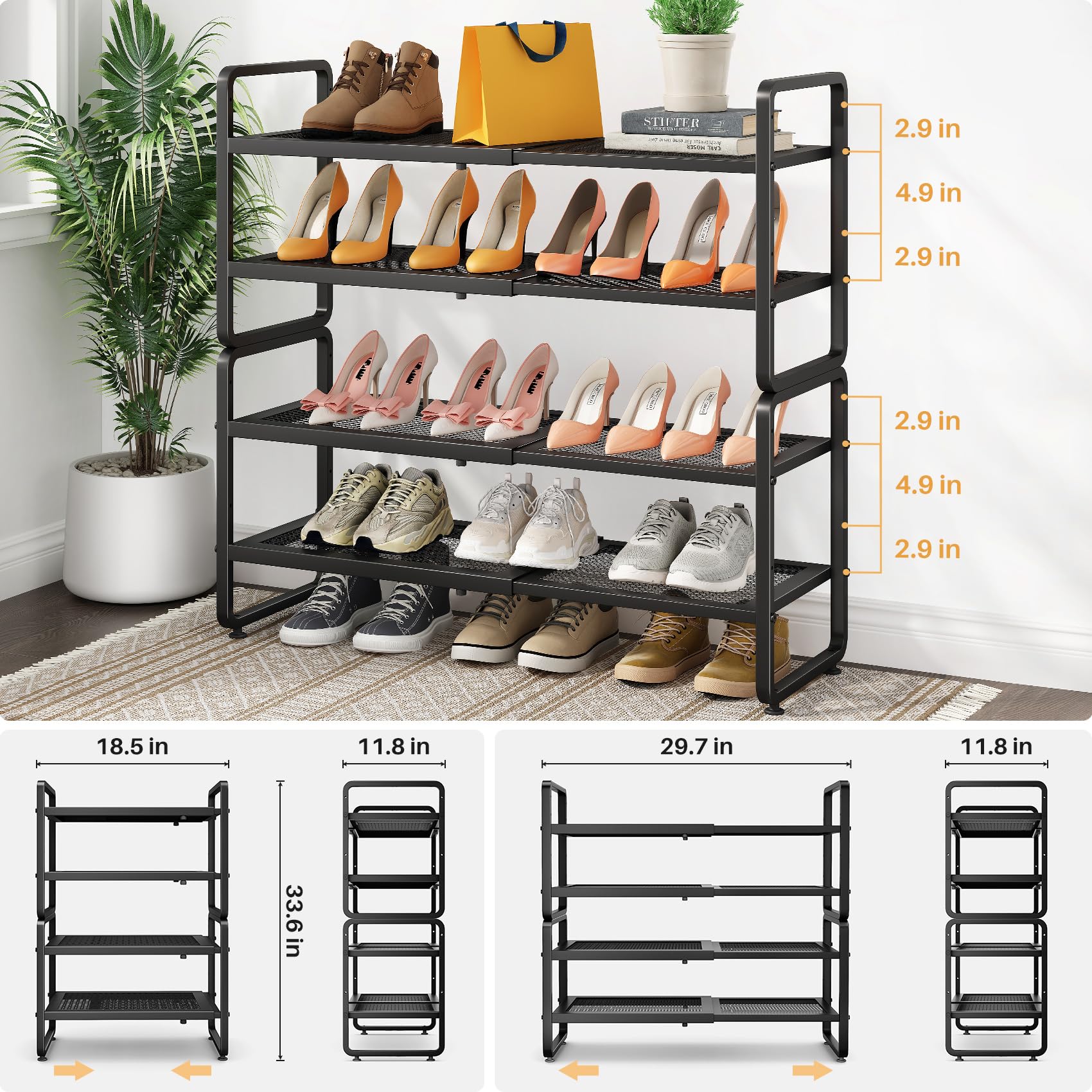 SNTD Shoe Rack - Expandable Shoe Organizer for Closet, Adjustable Metal Shoe Shelf Storage, Stackable Long Shoe Stand Holder for Garage, Entryway, Door Entrance (Black, 2-Tier)