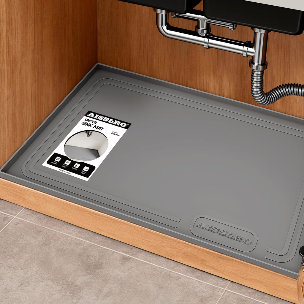Aisslro Under Sink Mat 22" X 19", Waterproof Silicone Cabinet Protector with Raised Edge, Kitchen & Bathroom Leak Tray, Shelf Liner & Pet Feeding Mat for Dog Cat Food Mats, Light Gray