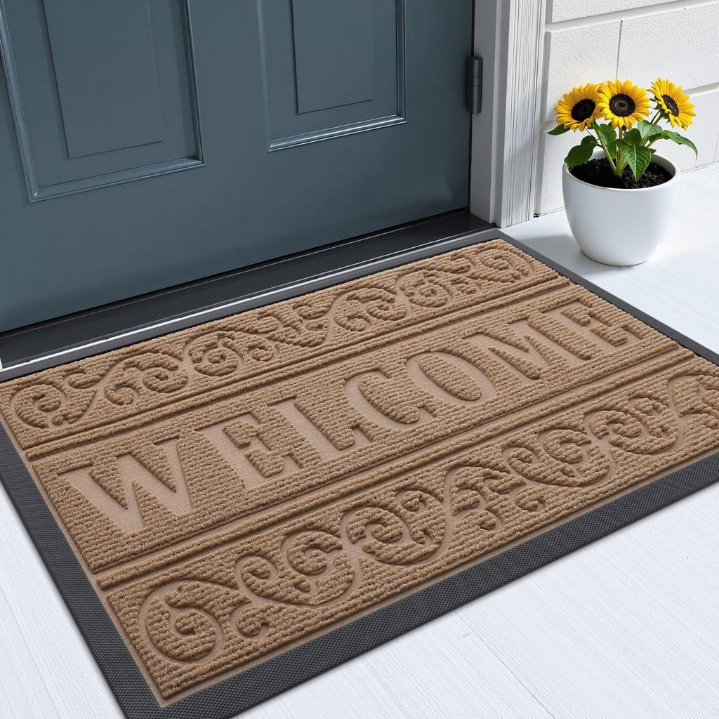 OLANLY Front Door Mat Outside Entrance 29.5x17, Absorbent, Heavy Duty Sturdy Natural Rubber Doormat Indoor Outdoor, Stain and Fade Resistant, Non-Slip Backing Low Profile Floor Mat for Entryway, Grey