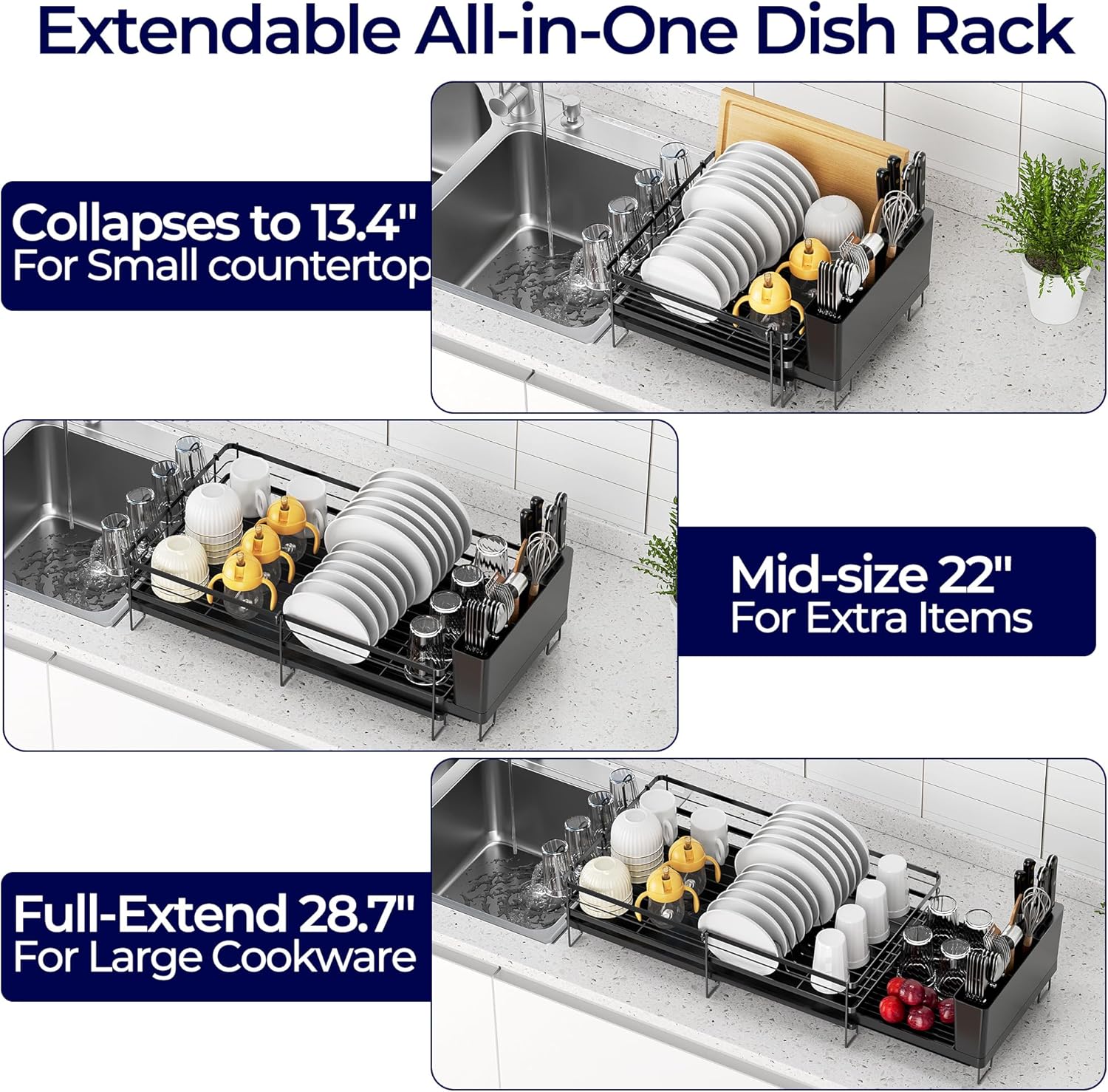 ORDORA Pots and Pans Organizer under Cabinet 20.8" Height & Extendable Large Dish Drying Rack for Kitchen Counter