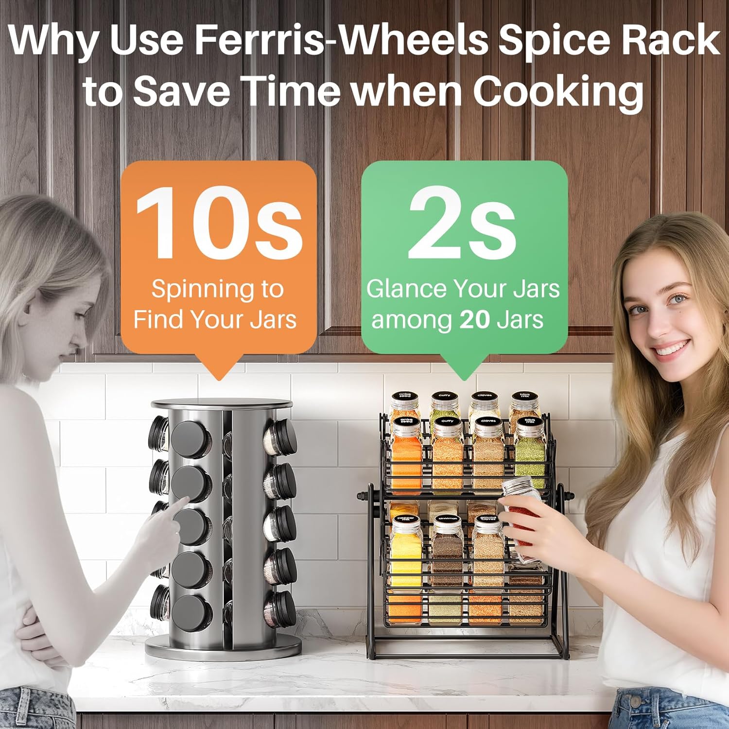 Rotating Spice Rack Organizer for Large Cabinets Kitchen Countertop with Thicken Spice Jars and Labels, Spinning Like Ferris-Wheel, Metal (M)