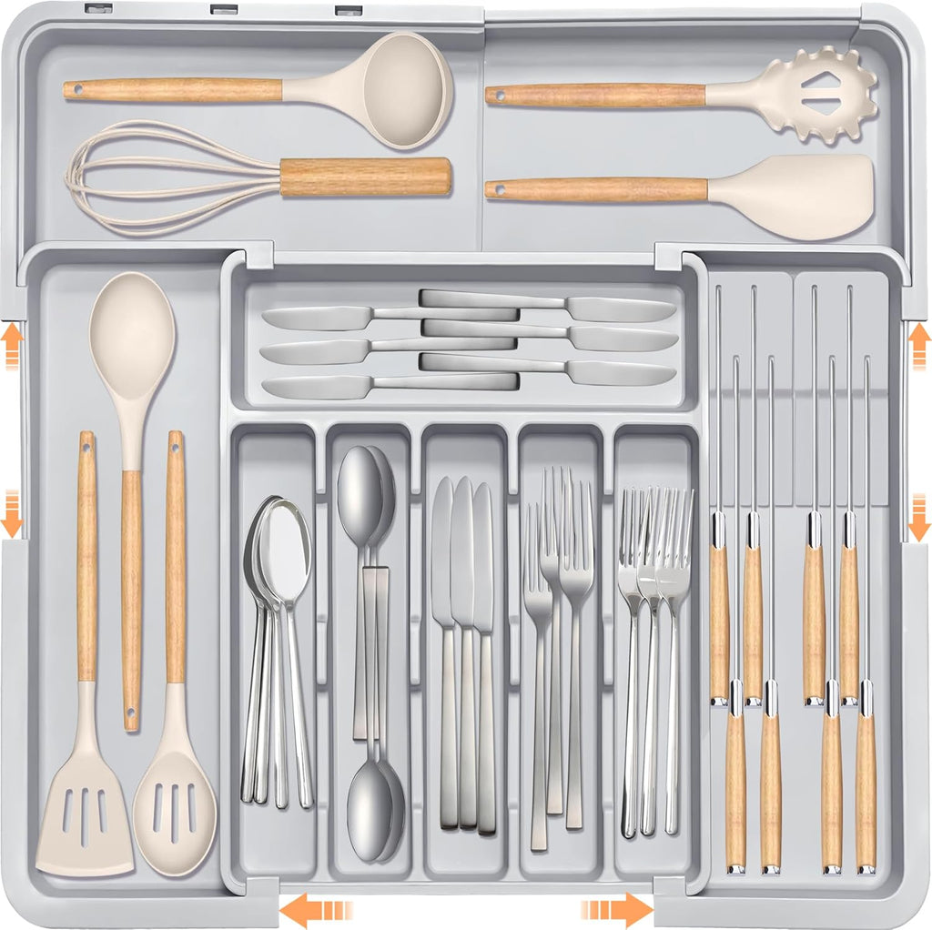 Homecor Silverware Organizer - Expandable Large Kitchen Drawer Organizer Utensil Organizer with 2 Removable Knife Blocks & 2 PACK Acrylic Straw Holder for Cabinet Door