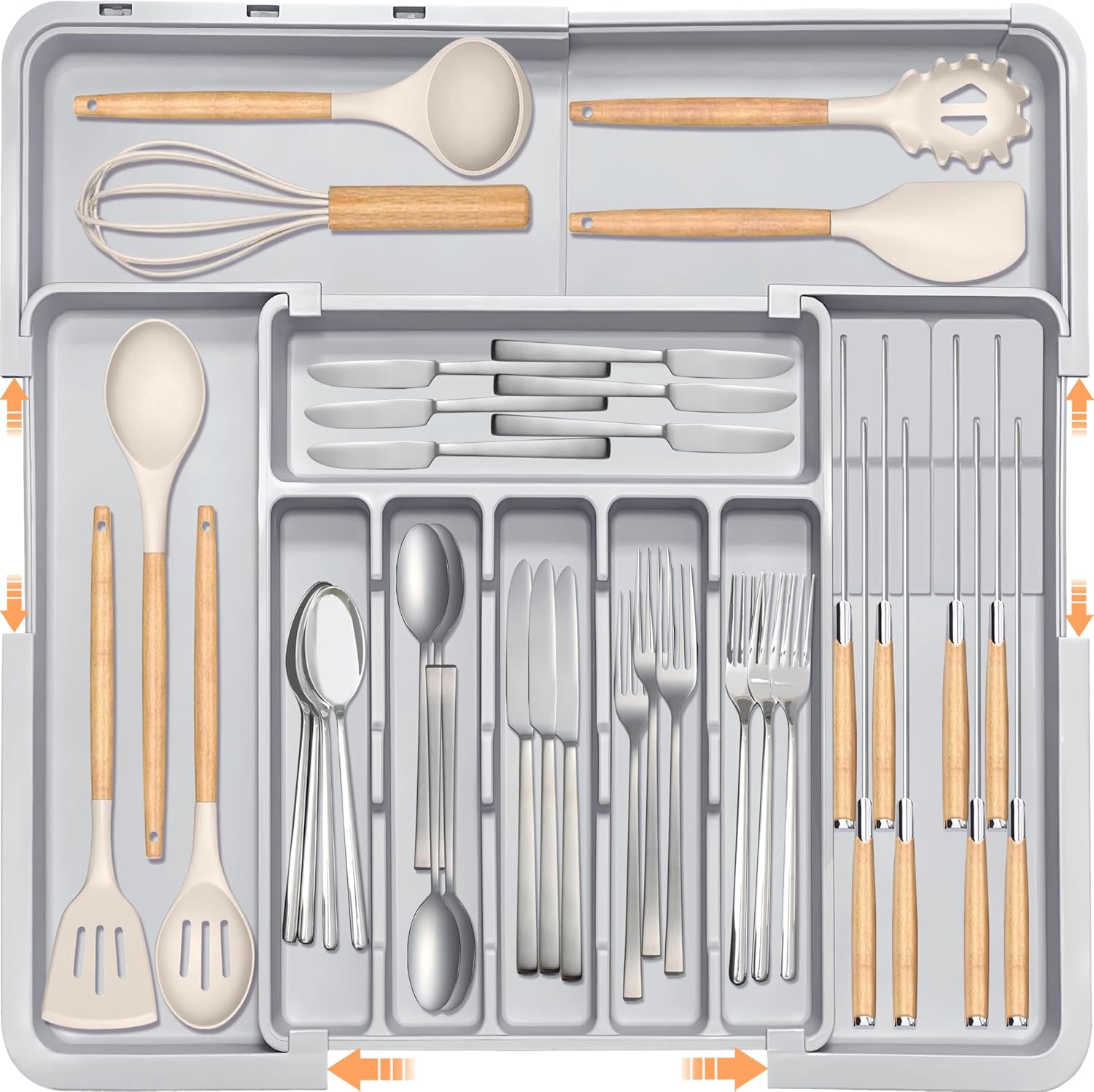 Homecor Silverware Organizer - Expandable Large Kitchen Drawer Organizer Utensil Organizer with 2 Removable Knife Blocks & 2 PACK Acrylic Straw Holder for Cabinet Door