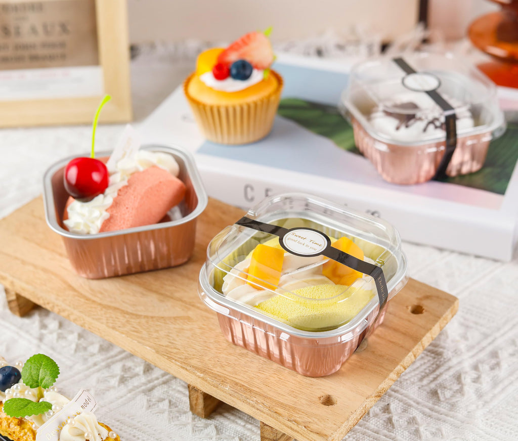 50 Pcs Mini Cake Pans with Lids and Spoons Aluminum Foil Mini Square Baking Cups with Lids Disposable Ramekins Cake Pans Dessert Cups for Wedding Birthday Party(Pink,5oz)