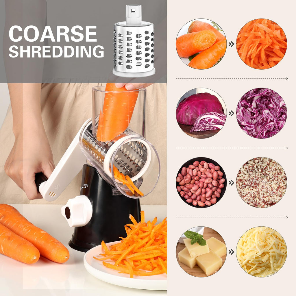 Cambom 5 in 1 Rotary Cheese Grater Hand Crank Cheese Shredder for Fresh Cheese, Vegetable, Nuts,Non-slip Suction Base, Black