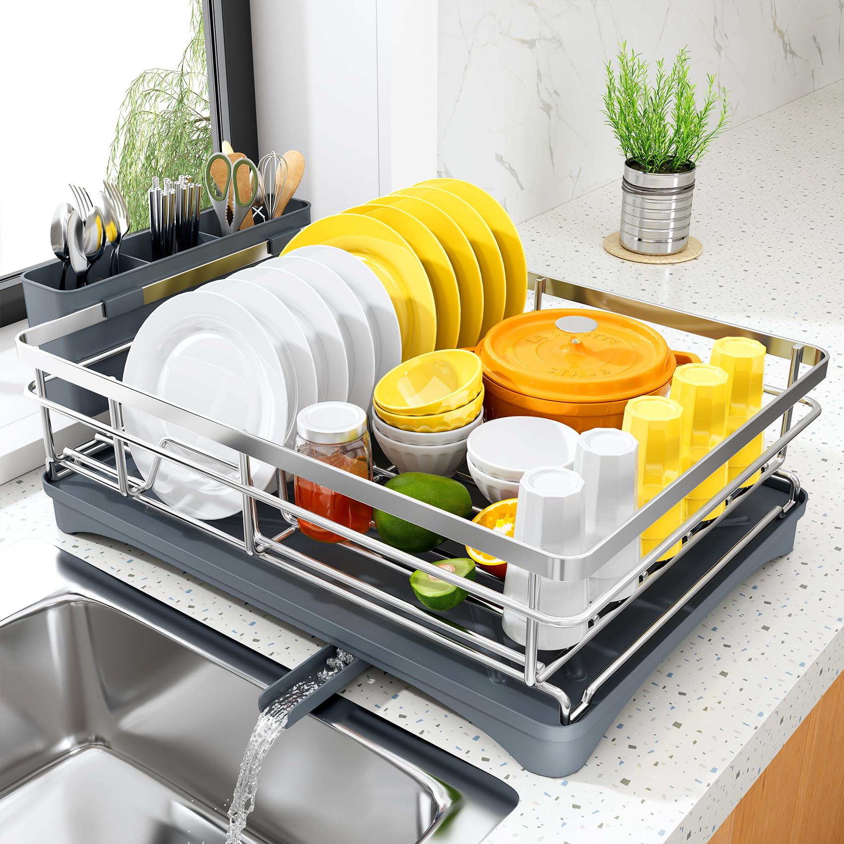 SNTD Dish Drying Rack for Kitchen Counter - Large Dish Rack with Drainboard, Rustproof Dish Drainer with Utensil Holder for Sink, Black