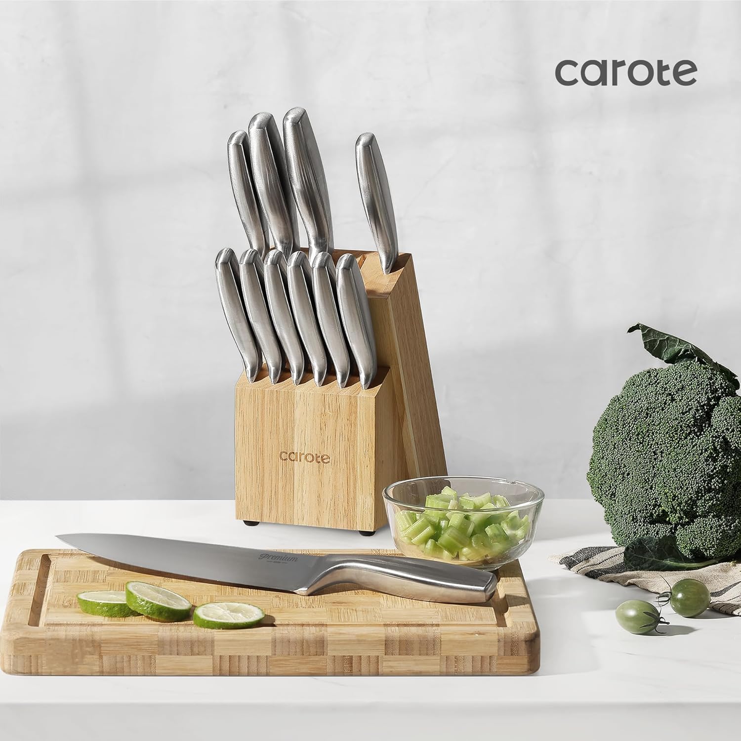 CAROTE 12-Piece Knife Set, All-Stainless Steel Knife Block Set, Kitchen Knives with Wooden Block, Razor-Sharp and Ergonomic, Dishwasher Safe