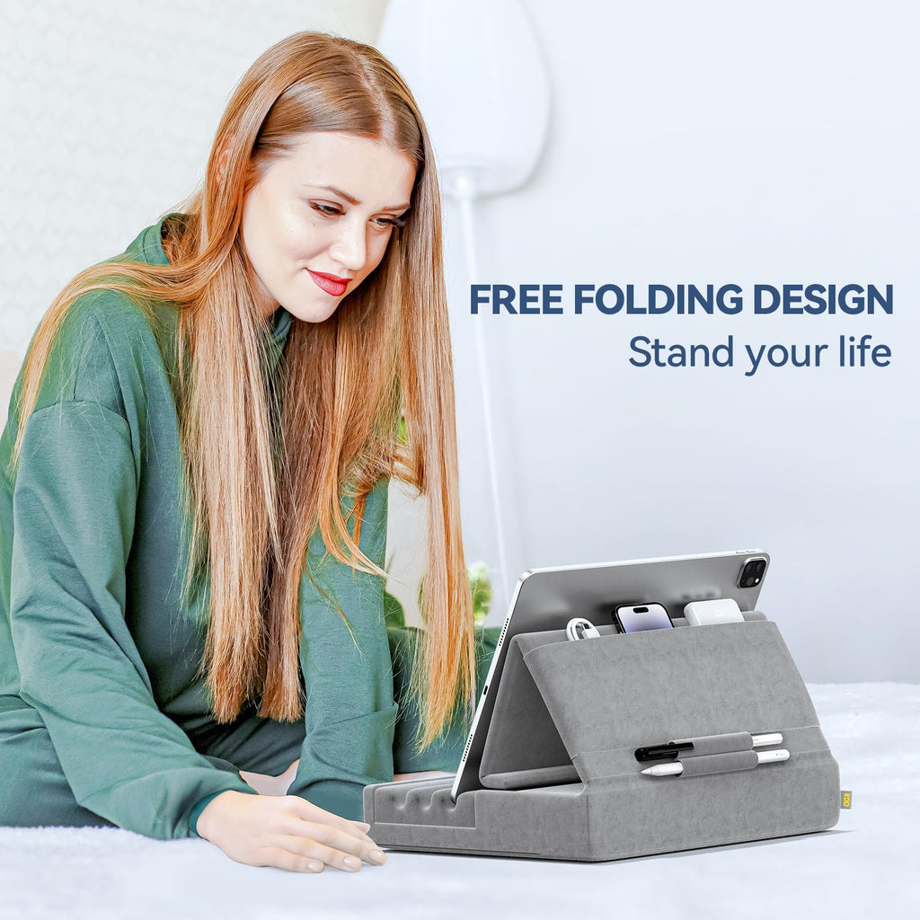 KDD Tablet Pillow Holder, Foldable iPad Stand for Lap, Bed and Desk -Tablet Soft Pad Dock with Pocket & Stylus Mount Compatible with iPad Pro 12.9, 10.5, 9.7 Air Mini 6 5 4 3, Galaxy Tab,E-Reader