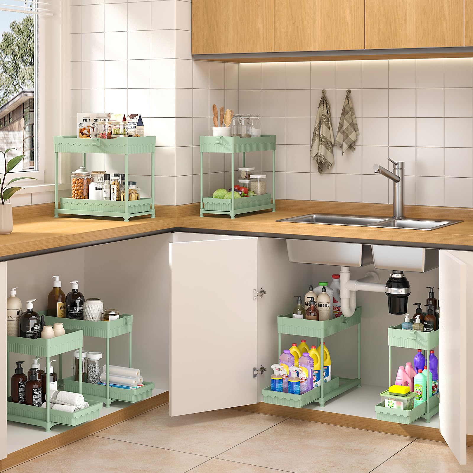 4 Pack Under Sink Organizer, Bathroom Organizers and Storage, 2 Tier Multi-Use Pull Out Cabinet Organizer with Hang Hooks and Cups (Black, 4 Pack)