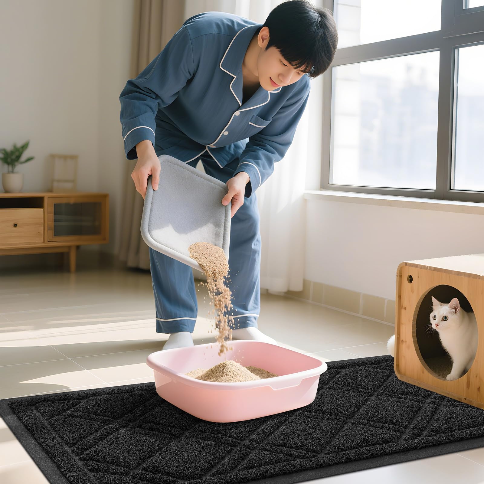 Smiry Cat Litter Box Mat 30x17, Non-Slip Water Resistant Litter Trapping Mat, Easy Clean Less Waste and Urine-Locking Cat Carpet for Indoor, Grey