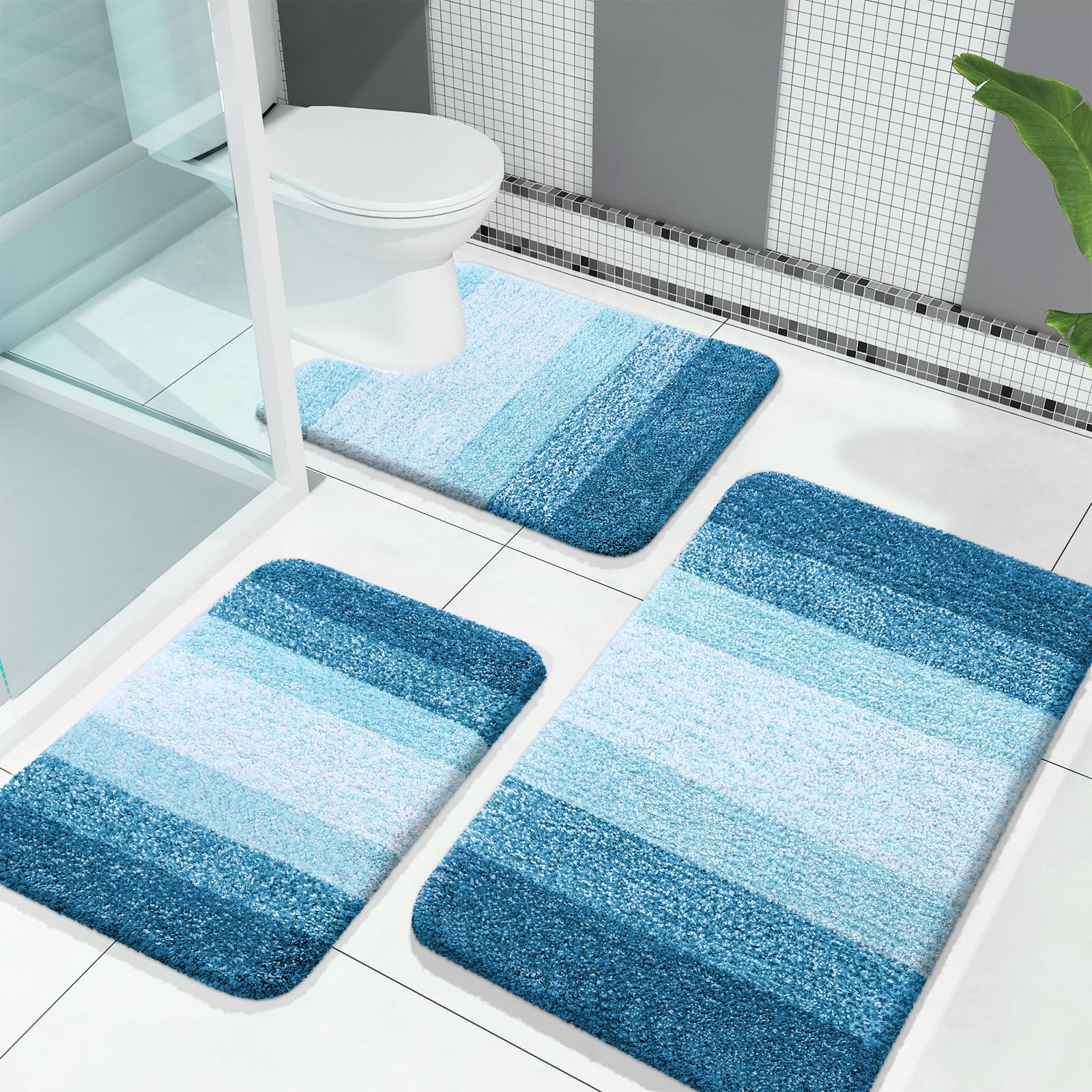 OLANLY Bathroom Rugs Sets 3 Piece, Soft Absorbent Microfiber Bath Mats and U-Shaped Contour Toilet Rug, Machine Wash Dry, Plush Shaggy Bath Mat Set for Bathroom (30"x20"+24"x16"+24"x20", Grey)