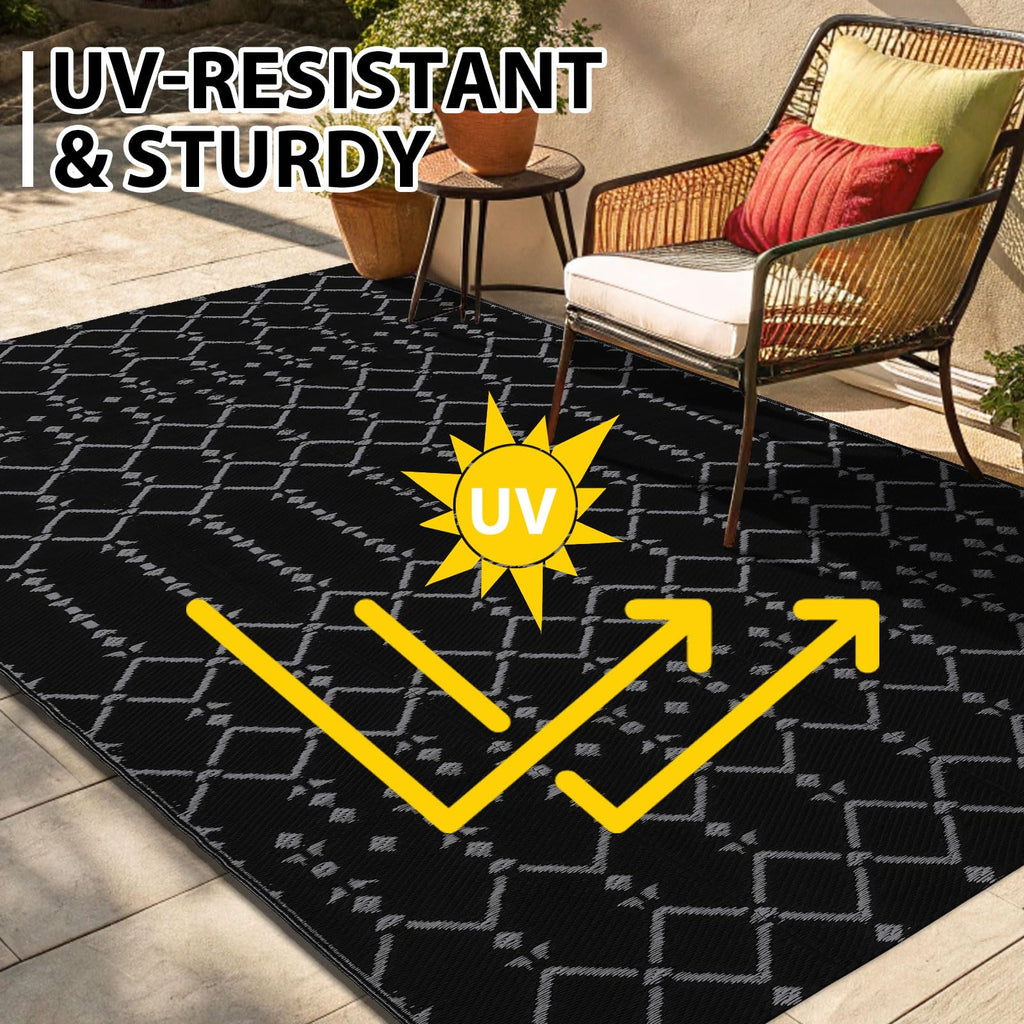 Smiry Waterproof Outdoor Rug 5x8 ft, Reversible Plastic Straw Patio Camping Rugs, Outdoor Indoor RV Mat Carpet for Patio, Outside Entry, Backyard, Deck, Bench, Picnic, Camper, Black & Beige