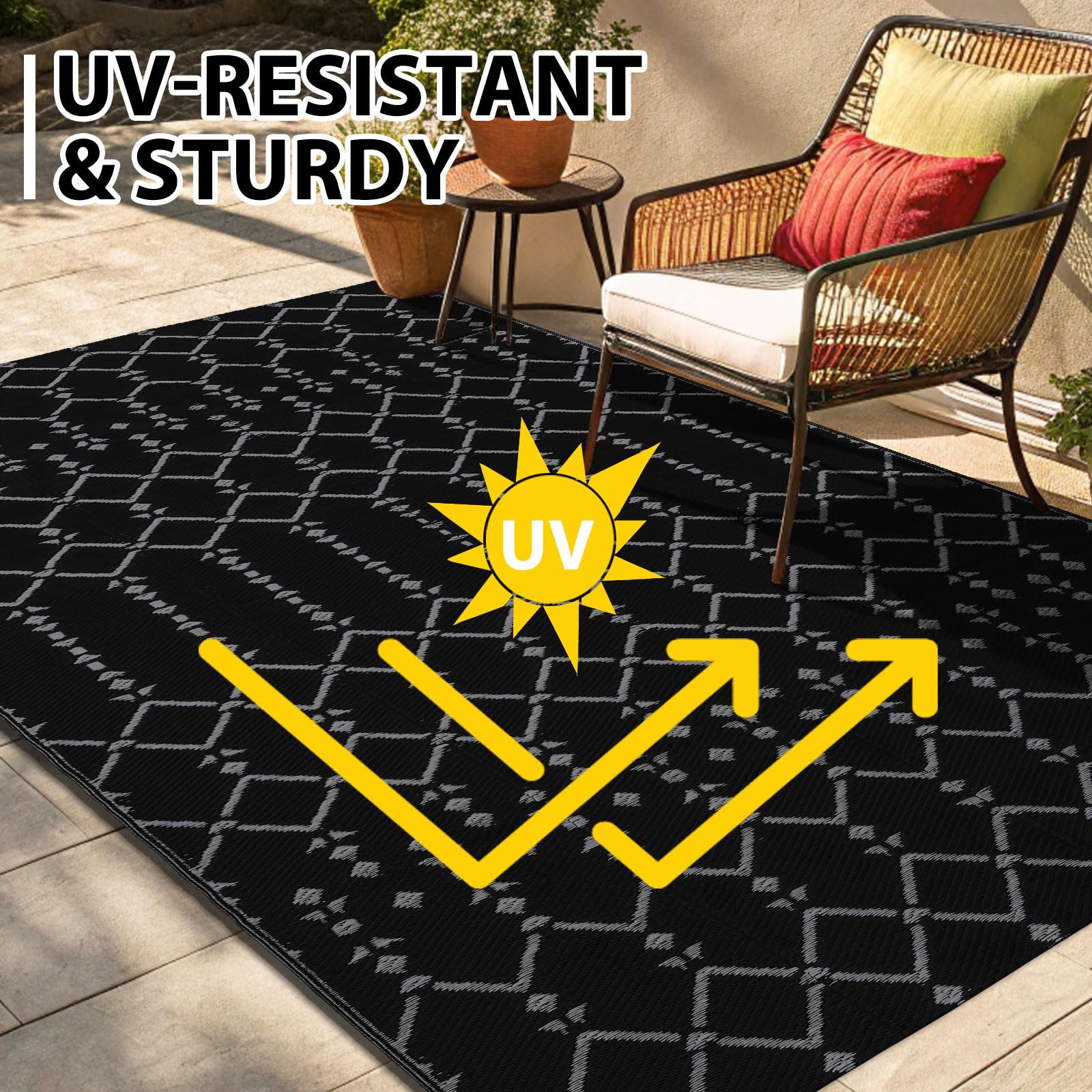 Smiry Waterproof Outdoor Rug 5x8 ft, Reversible Plastic Straw Patio Camping Rugs, Outdoor Indoor RV Mat Carpet for Patio, Outside Entry, Backyard, Deck, Bench, Picnic, Camper, Black & Beige