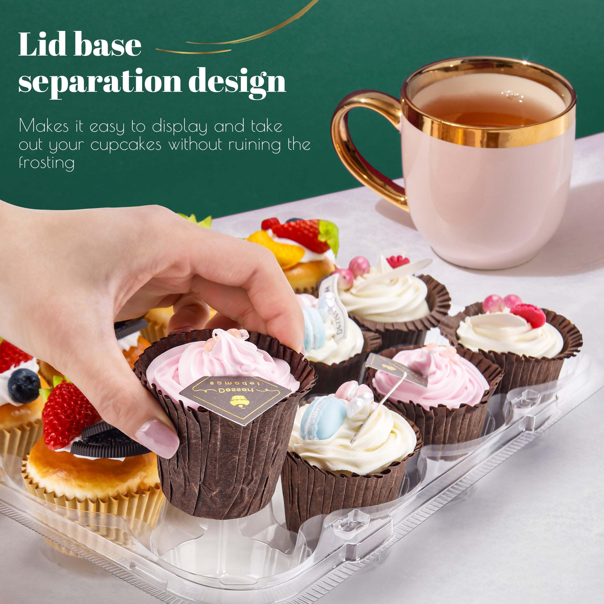 12 Count Cupcake Containers 12 Pack Cupcake Holders Plastic Stackable Cupcake Boxes with Detachable Tall Dome Lids and 144 Liners for 144 Cupcakes, BPA Free, Standard Size