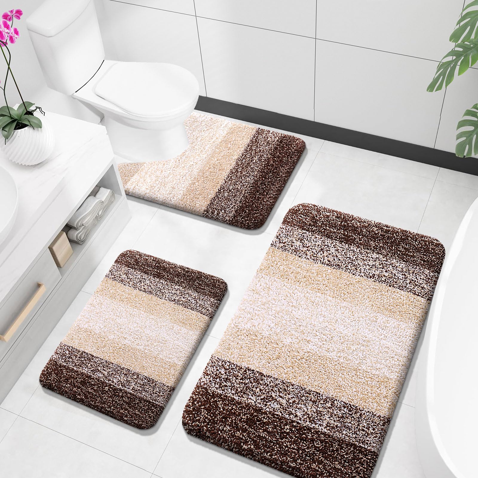 OLANLY Bathroom Rugs Sets 3 Piece, Soft Absorbent Microfiber Bath Mats and U-Shaped Contour Toilet Rug, Machine Wash Dry, Plush Shaggy Bath Mat Set for Bathroom (30"x20"+24"x16"+24"x20", Grey)