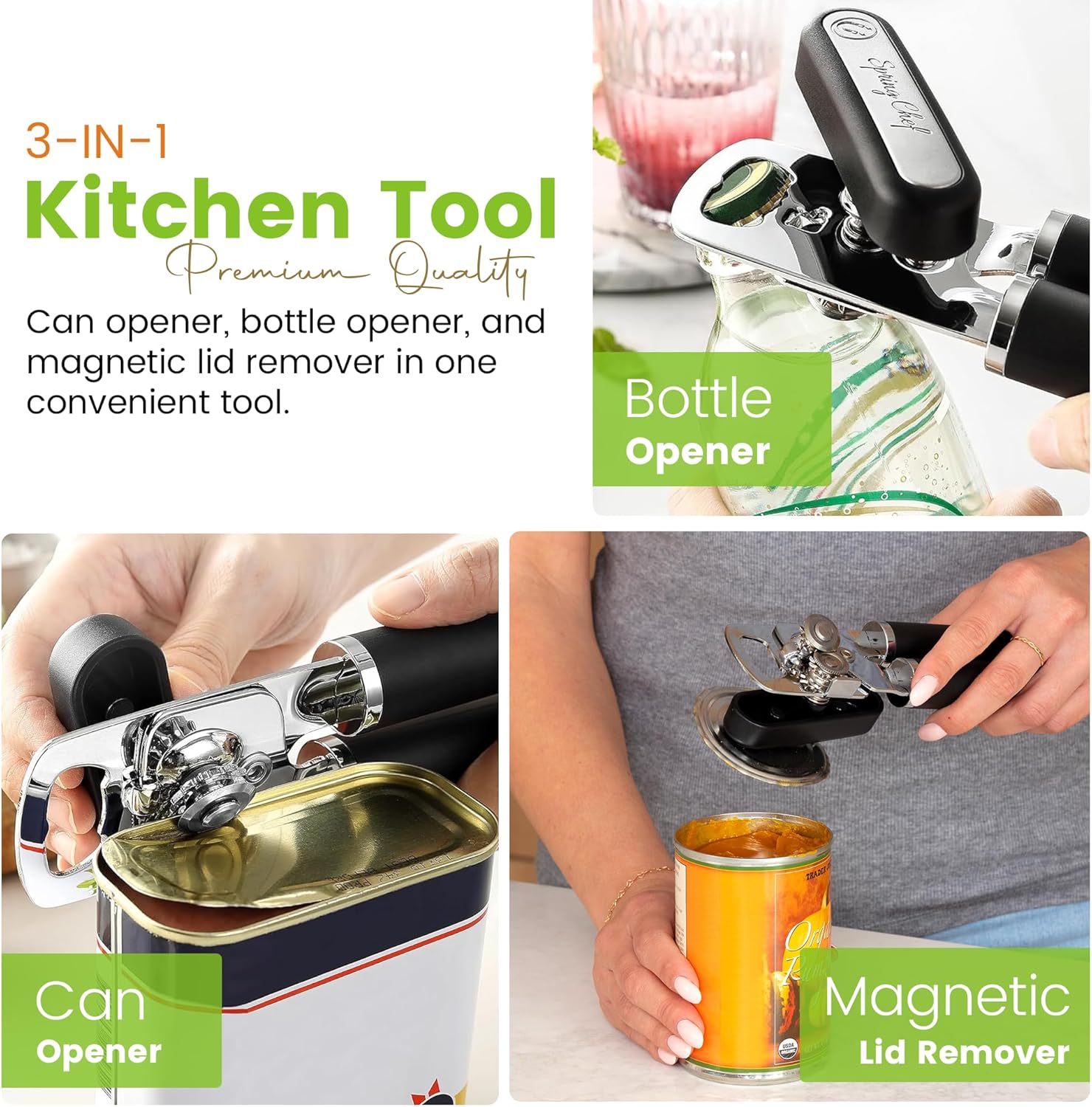 Spring Chef Stainless Steel Can Opener with Smooth Edge & Heavy Duty Professional Ice Cream Scoop - 2 Product Bundle - Black