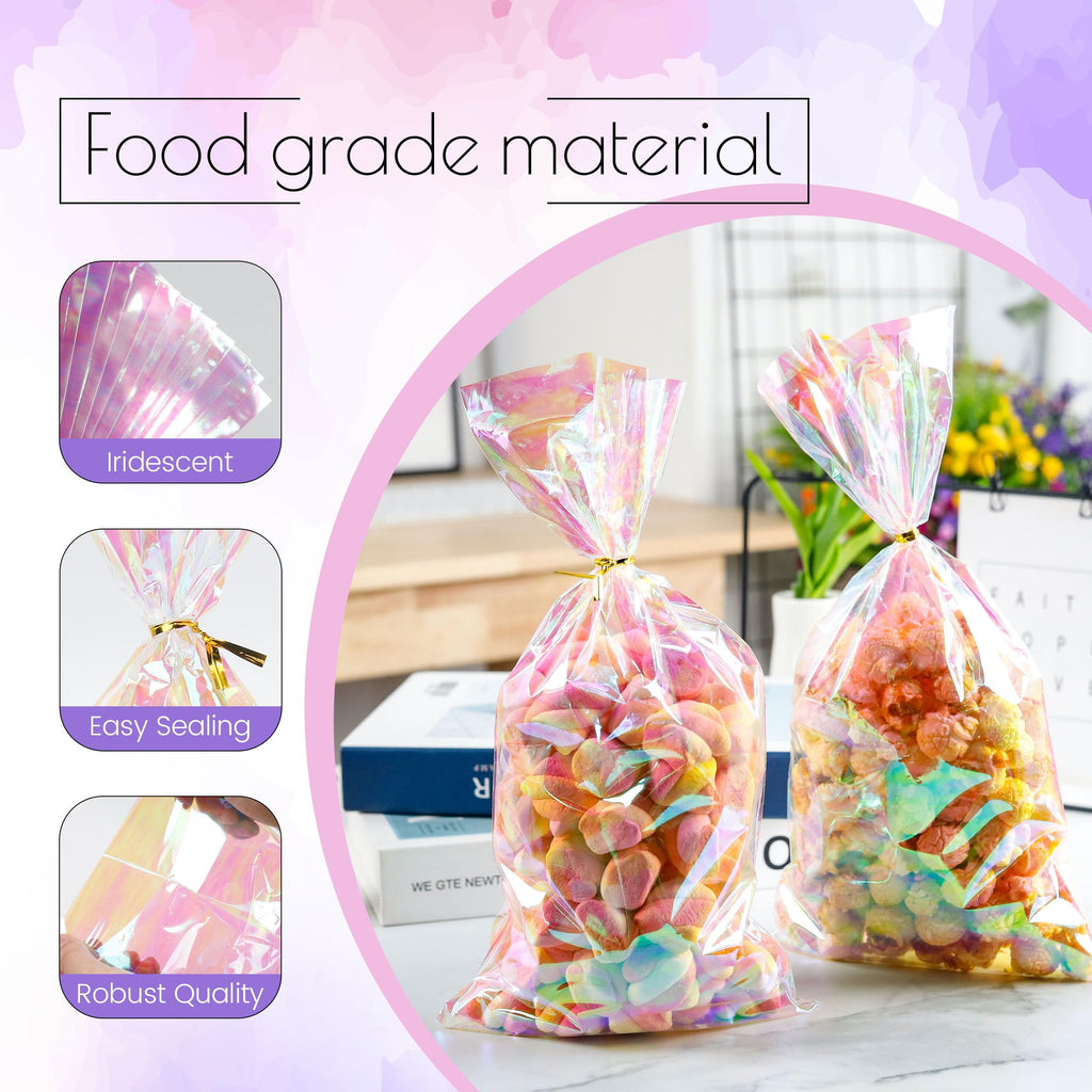 NPLUX Cellophane Treat Bags,Plastic Iridescent Party Favor Bags Clear Candy Bags with Twist Ties for Gift, Cookies, Snacks(100PACK, 6x10inch)