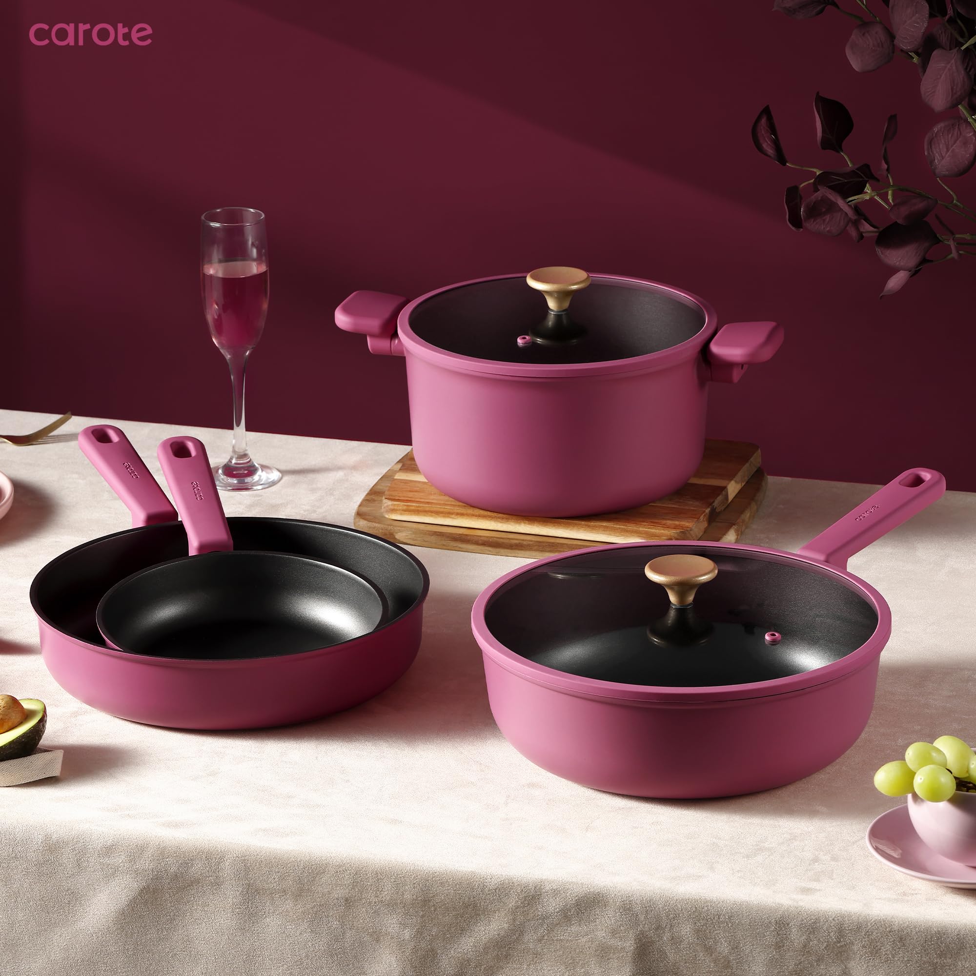 CAROTE 24pcs Ceramic Cookware Set, Pots and Pans Non Stick Kitchen Cookware Sets, Pots and Pans Set Cooking Set with Knife Set