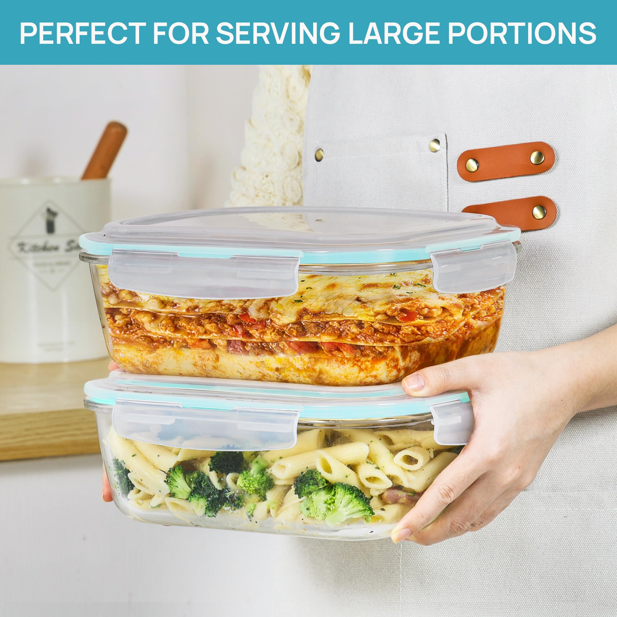 Vtopmart 2Pack 1860ml/63oz Large Glass Storage Containers with Lids, Meal Prep Food Container Set with Snap Airtight Lid for Baking, Microwave, Oven, Leak Proof, for Freezer, Dishwasher, Grey