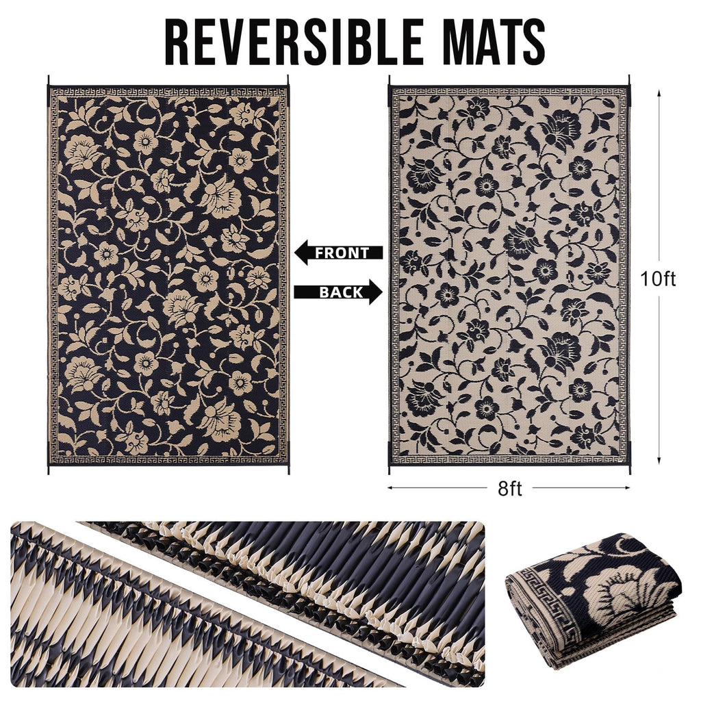 OLANLY Waterproof Outdoor Rug 5x8 ft, Outdoor Plastic Straw Rug with Flower Pattern, Reversible RV Mat for Patio, Camping, Balcony, Deck, Backyard, Navy & White