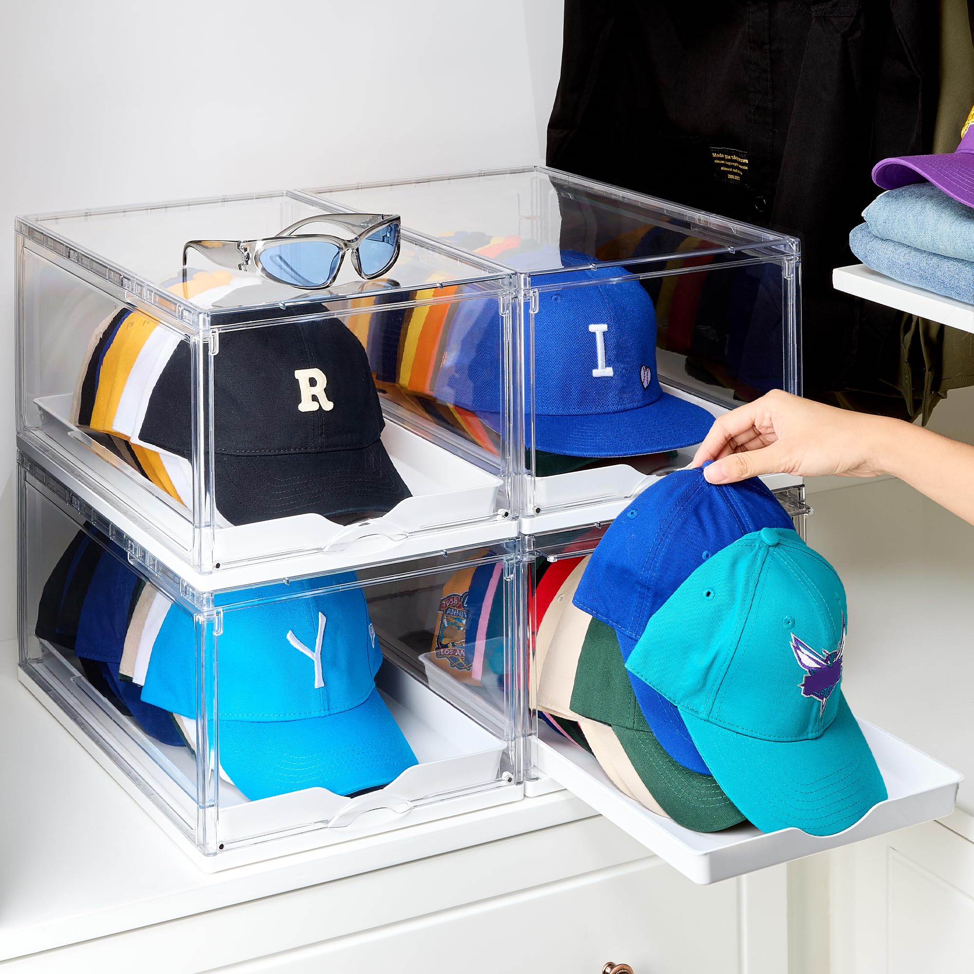 Vtopmart 2 Pack Hat Organizer for Baseball Caps, Clear Hats Holder Box with Drawer, Large Cap Storage with Sliding Tray, Stackable Rack Display Case with Magnetic Door, Each Holds 12 Hats