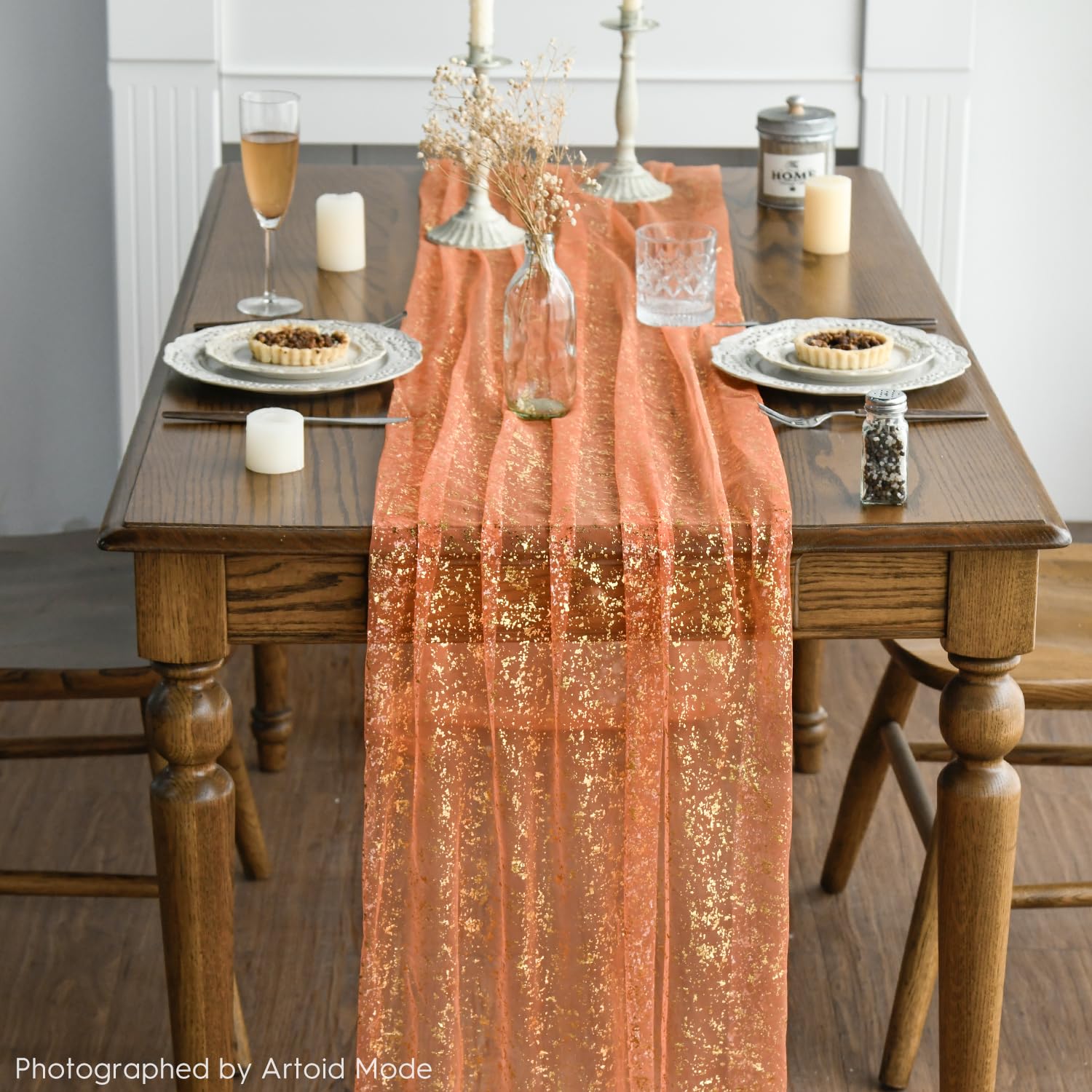 Artoid Mode Beige Gold Gauze Table Runner 120 Inch 10FT, Glitter Metallic Foil Sheer Dining Wedding Anniversary Holiday Birthday Table Decor for Home Party