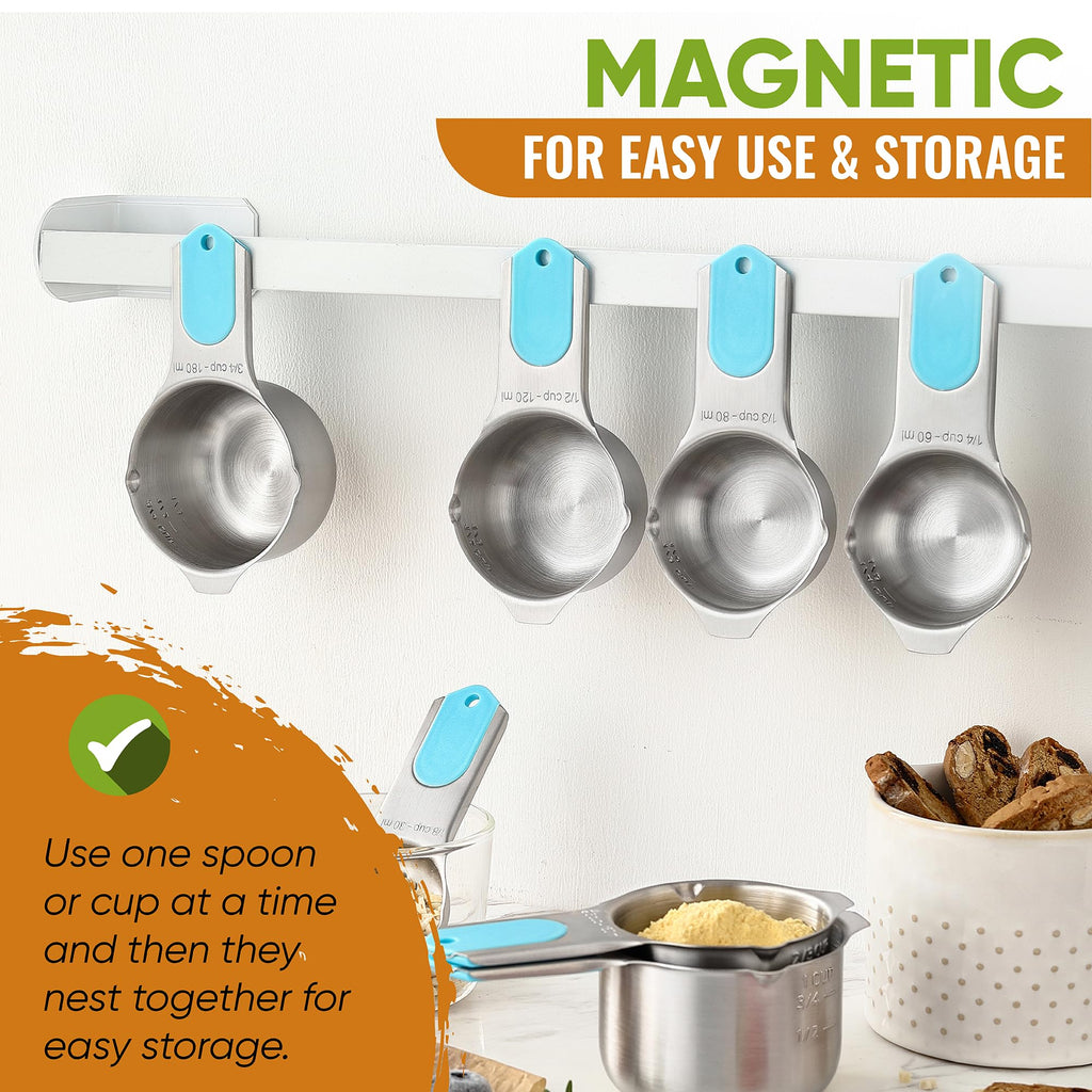 Spring Chef Magnetic Measuring Cups & Spoons Set, Patented, Strong N45 Magnets, Heavy Duty Stainless Steel Fits in Spice Jars for Baking & Cooking, BPA Free, Round Set of 15 with Leveler, Black
