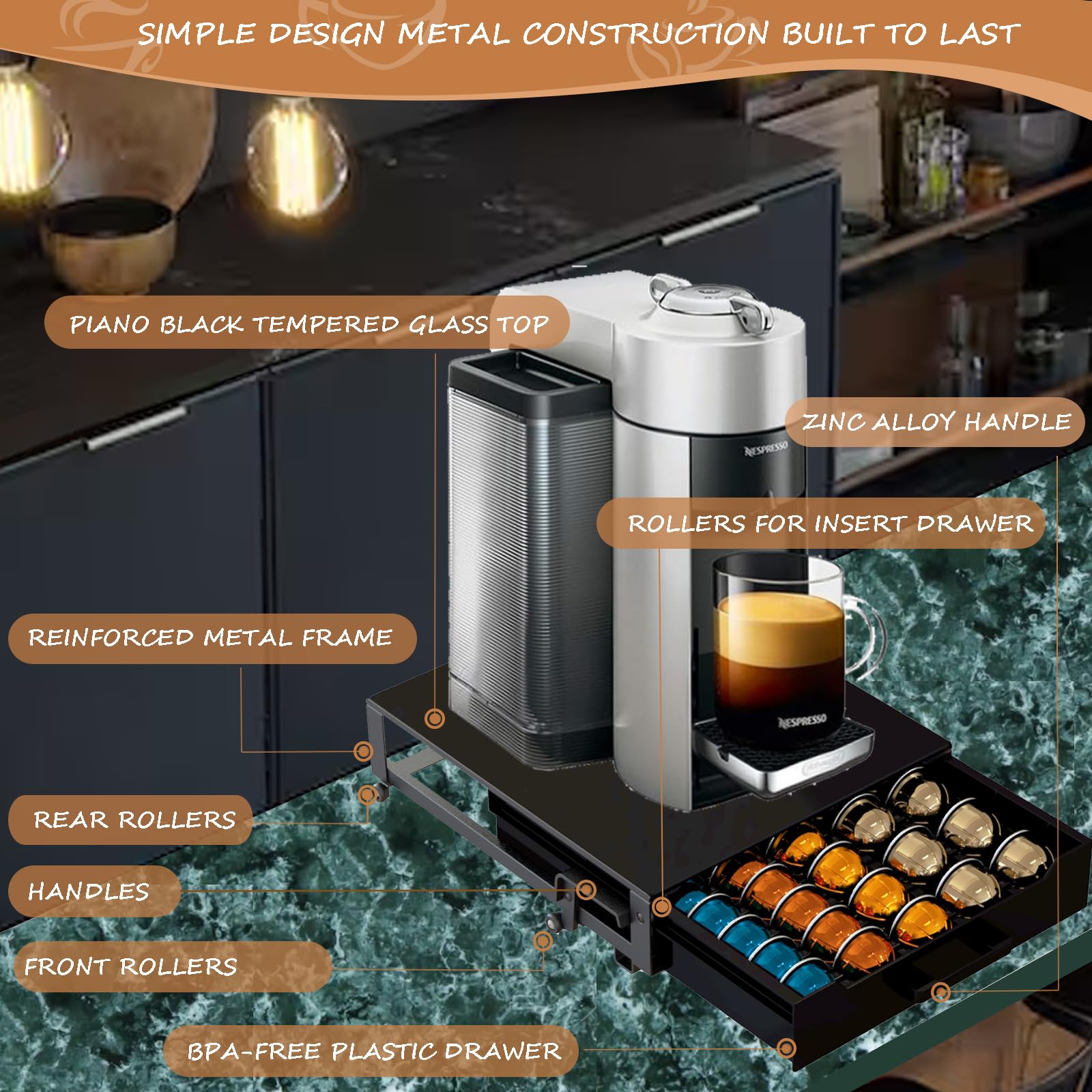 Vertuo Pod Holder Drawer with Deluxe Black Tempered Glass Top, Compatible for Nespresso VertuoLine Pods, Holds up to 75 Small or 50 Big Vertuo Pods Compact Design (Piano Black Nespresso Pods Holder)