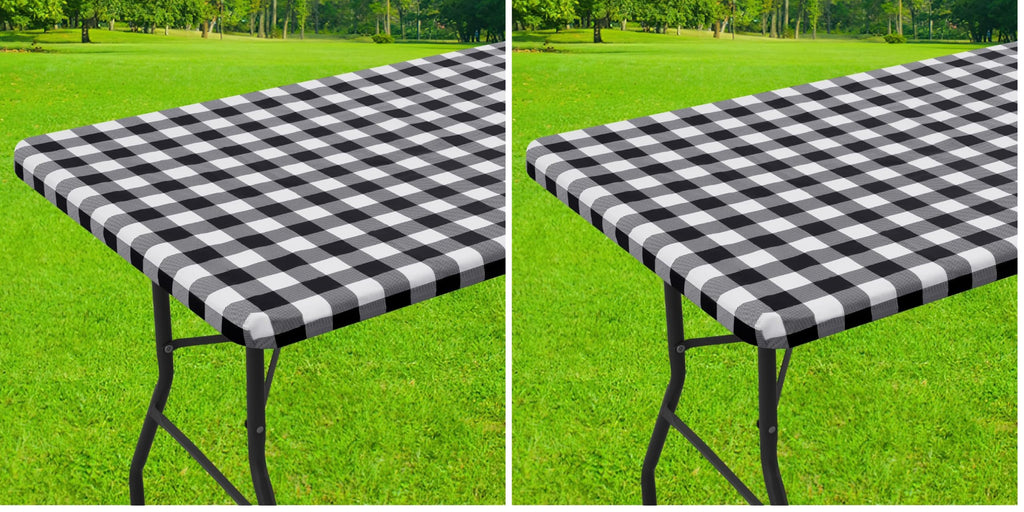 Smiry Rectangle Picnic Table Cloth, Elastic Waterproof Fitted Vinyl Tablecloths, Flannel Backed Buffalo Plaid Table Covers for Dining, Camping, Outdoor (Black and White, 30" x 72")