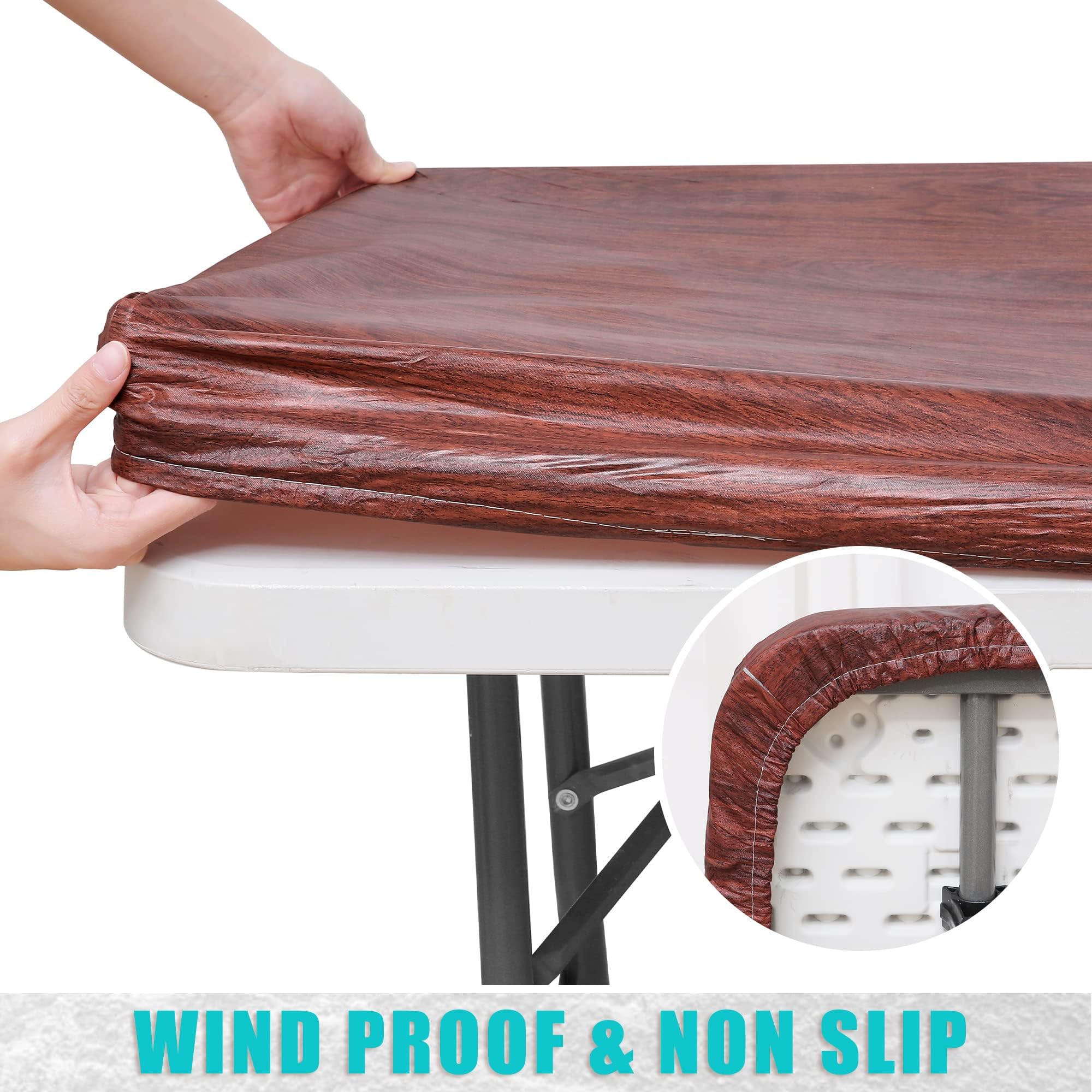 Smiry Rectangle Table Cloth Cover, Waterproof Elastic Fitted Picnic Tablecloth for 6 Foot Tables, Wipeable Flannel Backed Vinyl Tablecloths for Camping, Dining, Outdoor (Beige Wood, 30" x 72")