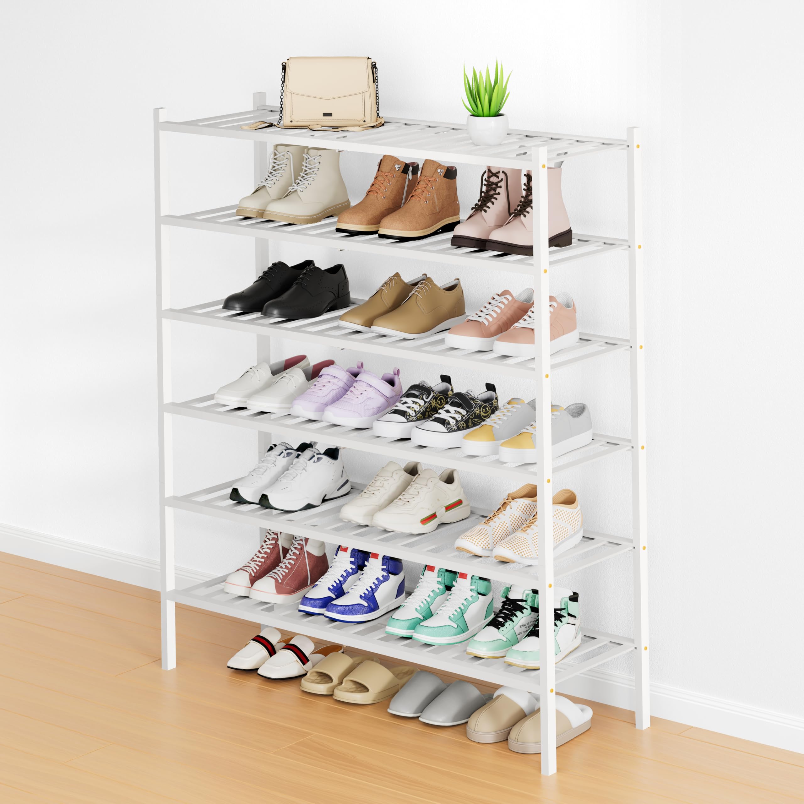 Smiry Shoe Rack, 3 Tier Bamboo Shoe Organizer, Stackable Free Standing Wooden Shoe Storage Shelf for Closet, Entryway, Front Door Entrance, Natural