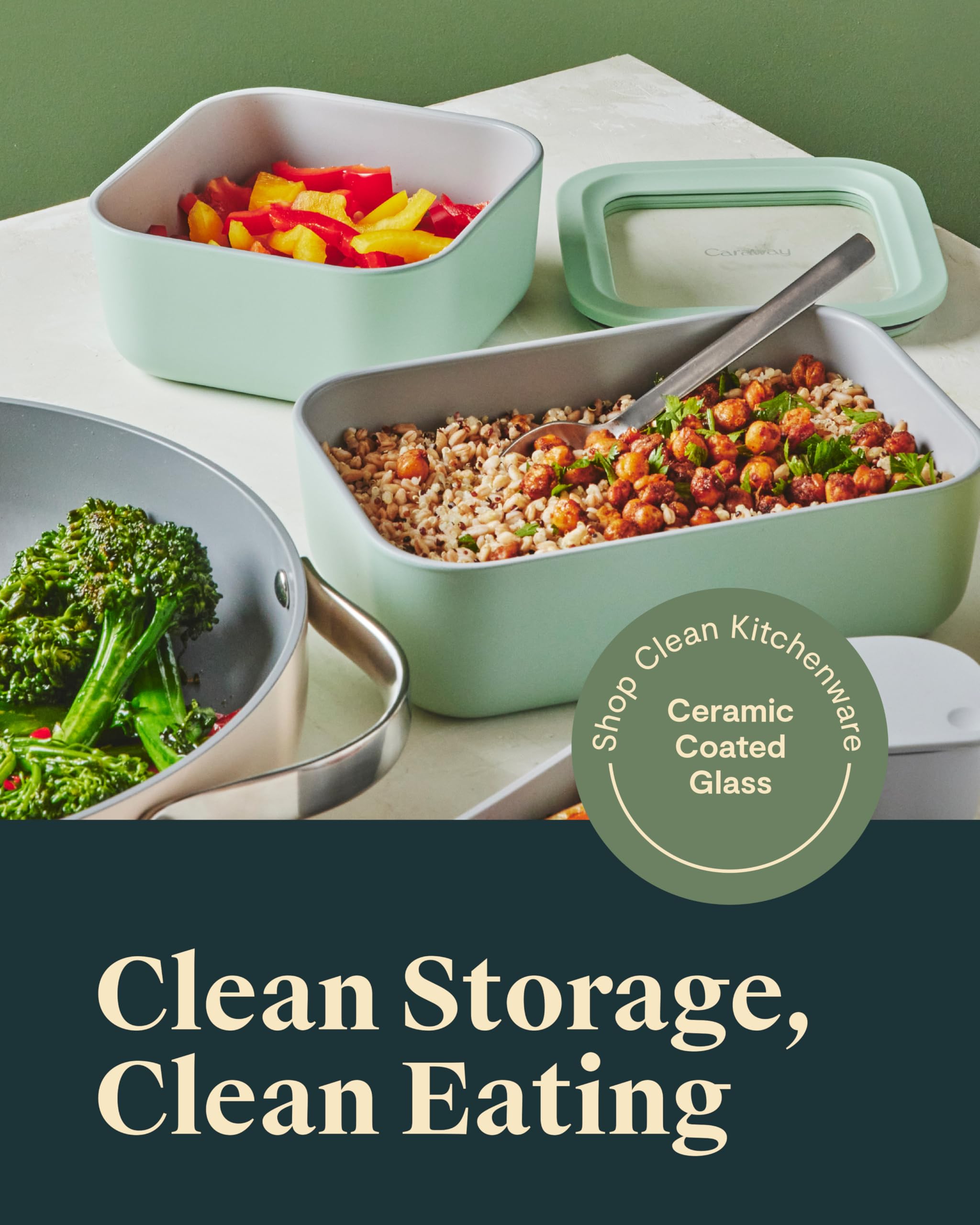 Caraway 13pc Glass Food Storage Container Set - Easy to Store, Non Toxic Lunch Box - with Glass Lids - Includes Storage Organizer - Cream