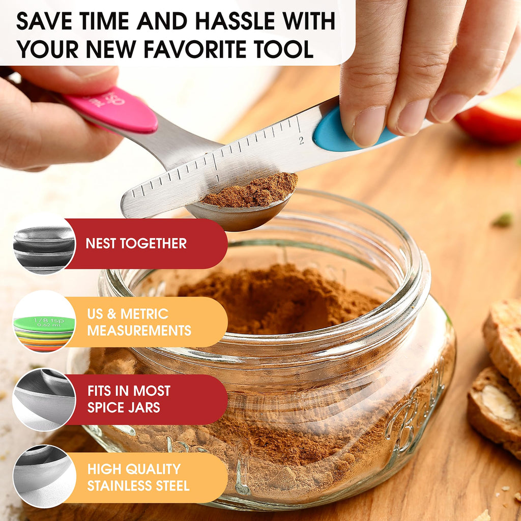 Spring Chef Stainless Steel Magnetic Measuring Spoons Set with Strong N45 Magnets, Heavy Duty Metal Kitchen Gadgets for Baking & Cooking, Fits in Most Kitchen Spice Jars, Set of 8 with Leveler, Black