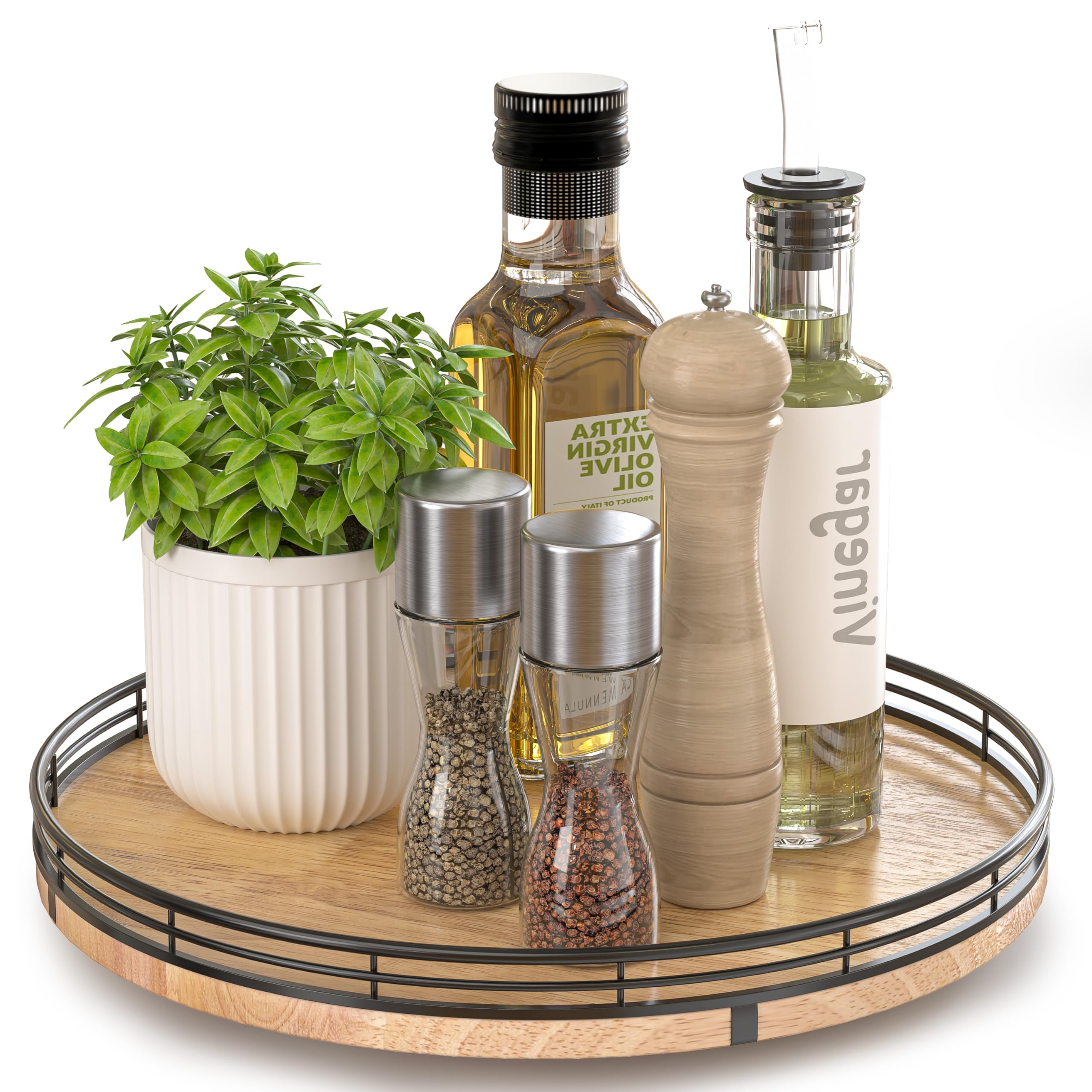 Farmhouse Oak 9" Lazy Susan Turntable Organizer for Cabinet, Round Wooden Lazy Susan Organization and Storage for Dining Table, Pantry, Kitchen, Countertop, Cupboard,Home Decor, Walnut Wood