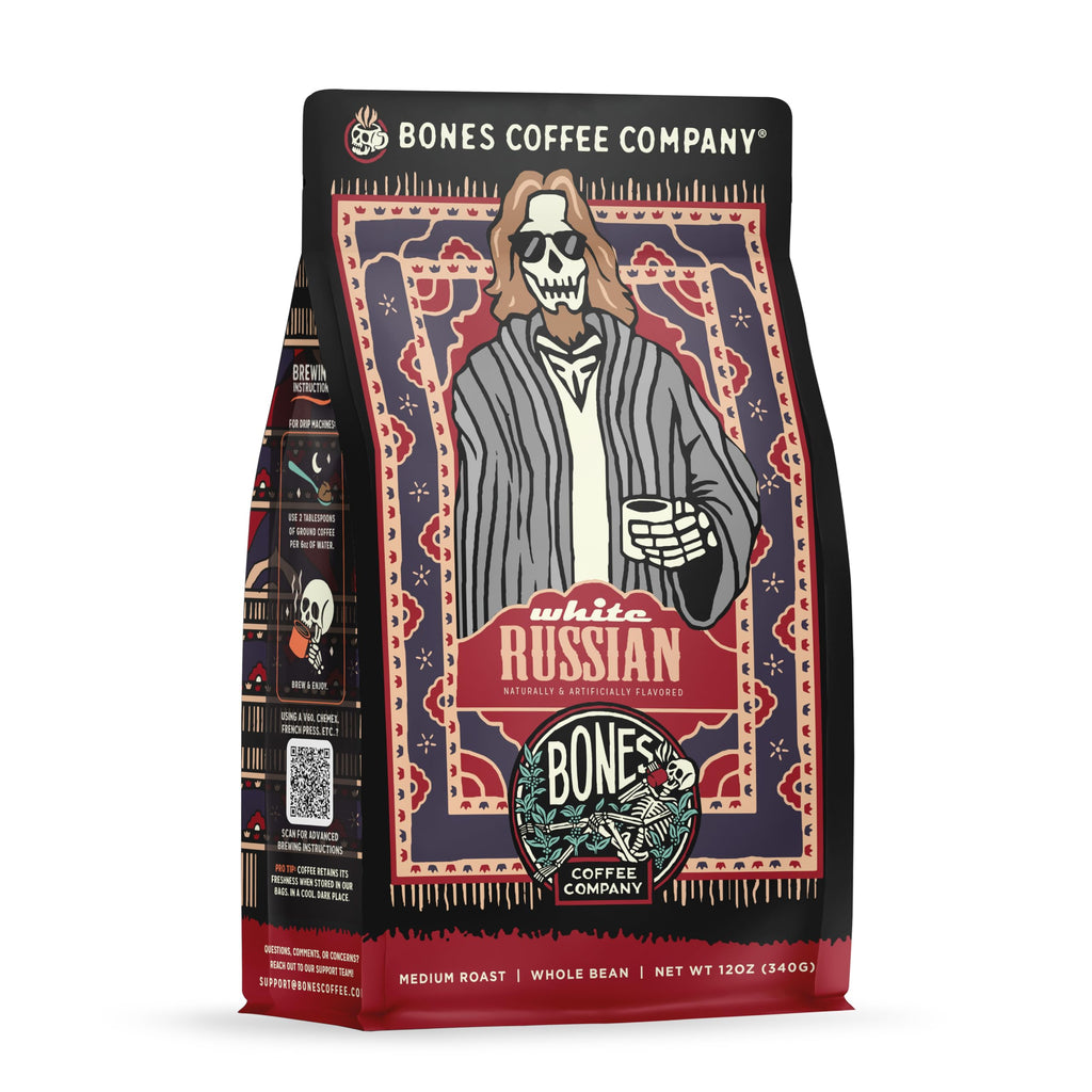 Bones Coffee Company Salted Caramel Flavored Coffee, Medium Roast Low Acid Arabica Beans Compatible with Auto drip and French Press Coffee Maker, 12 Oz Whole Bean