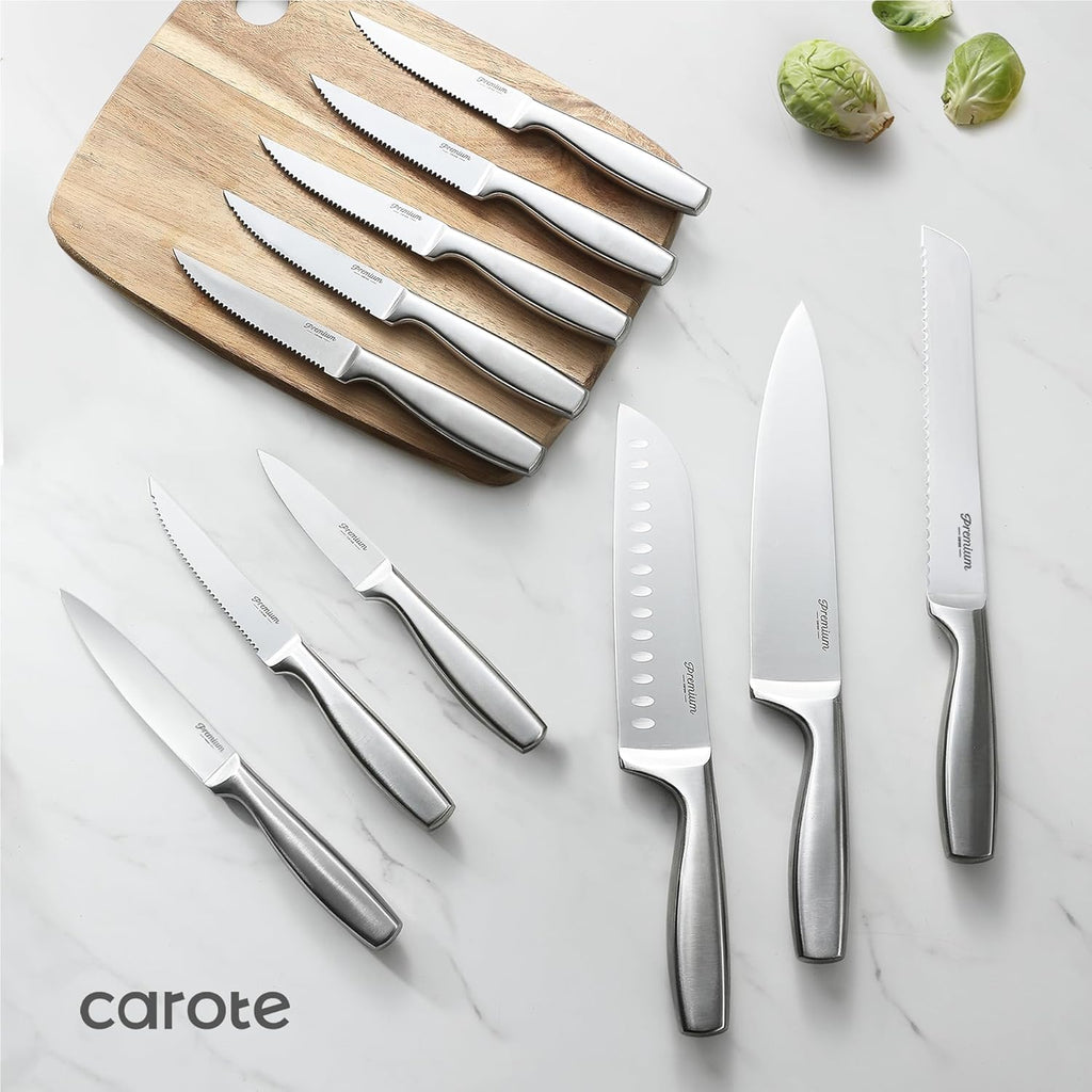 CAROTE 12-Piece Knife Set, All-Stainless Steel Knife Block Set, Kitchen Knives with Wooden Block, Razor-Sharp and Ergonomic, Dishwasher Safe