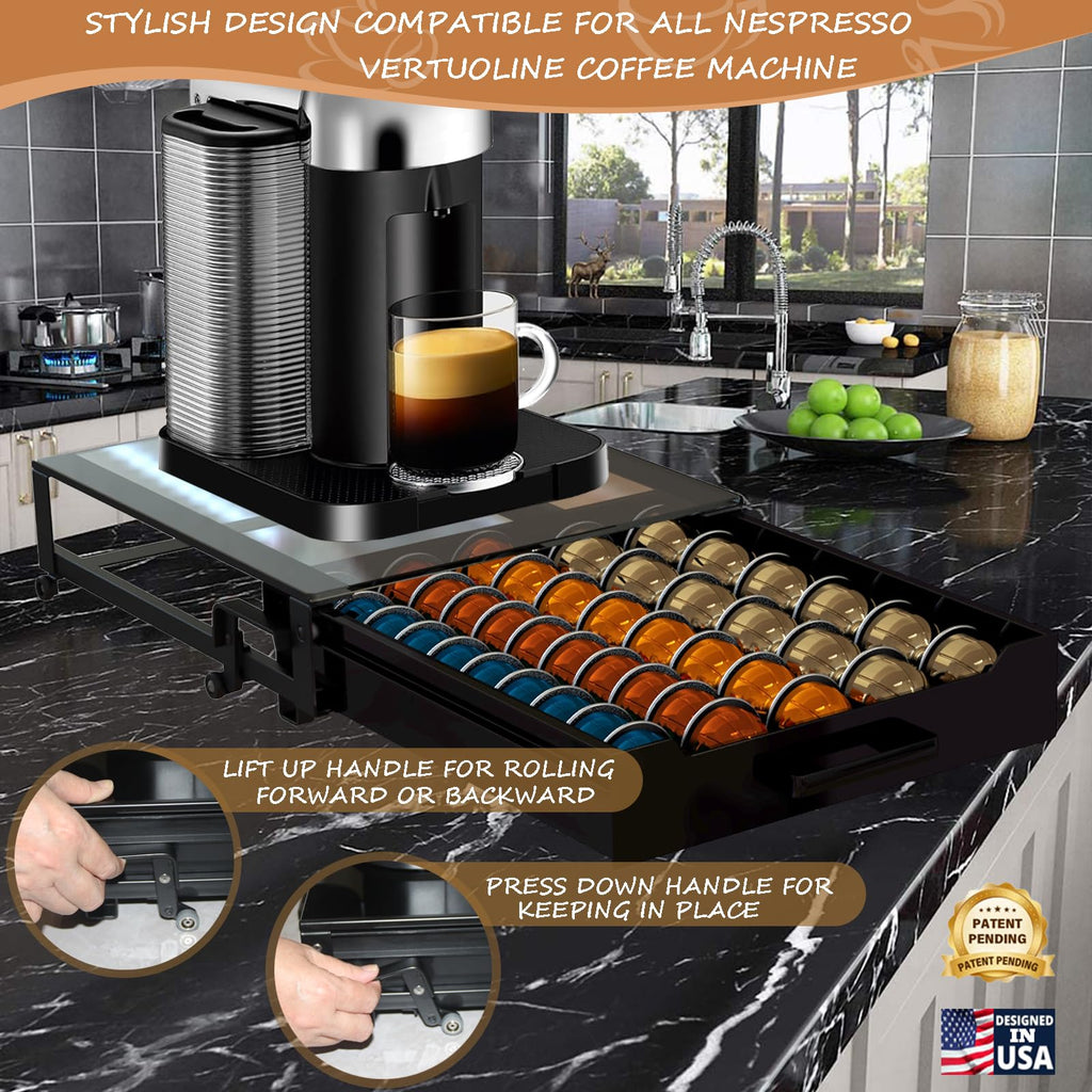 Vertuo Pod Holder Drawer with Deluxe Black Tempered Glass Top, Compatible for Nespresso VertuoLine Pods, Holds up to 75 Small or 50 Big Vertuo Pods Compact Design (Piano Black Nespresso Pods Holder)