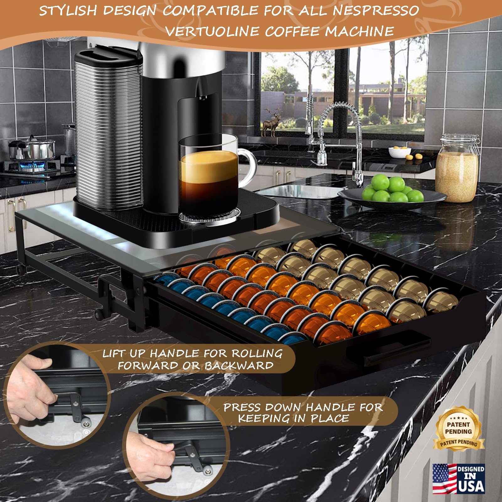 Vertuo Pod Holder Drawer with Deluxe Black Tempered Glass Top, Compatible for Nespresso VertuoLine Pods, Holds up to 75 Small or 50 Big Vertuo Pods Compact Design (Piano Black Nespresso Pods Holder)