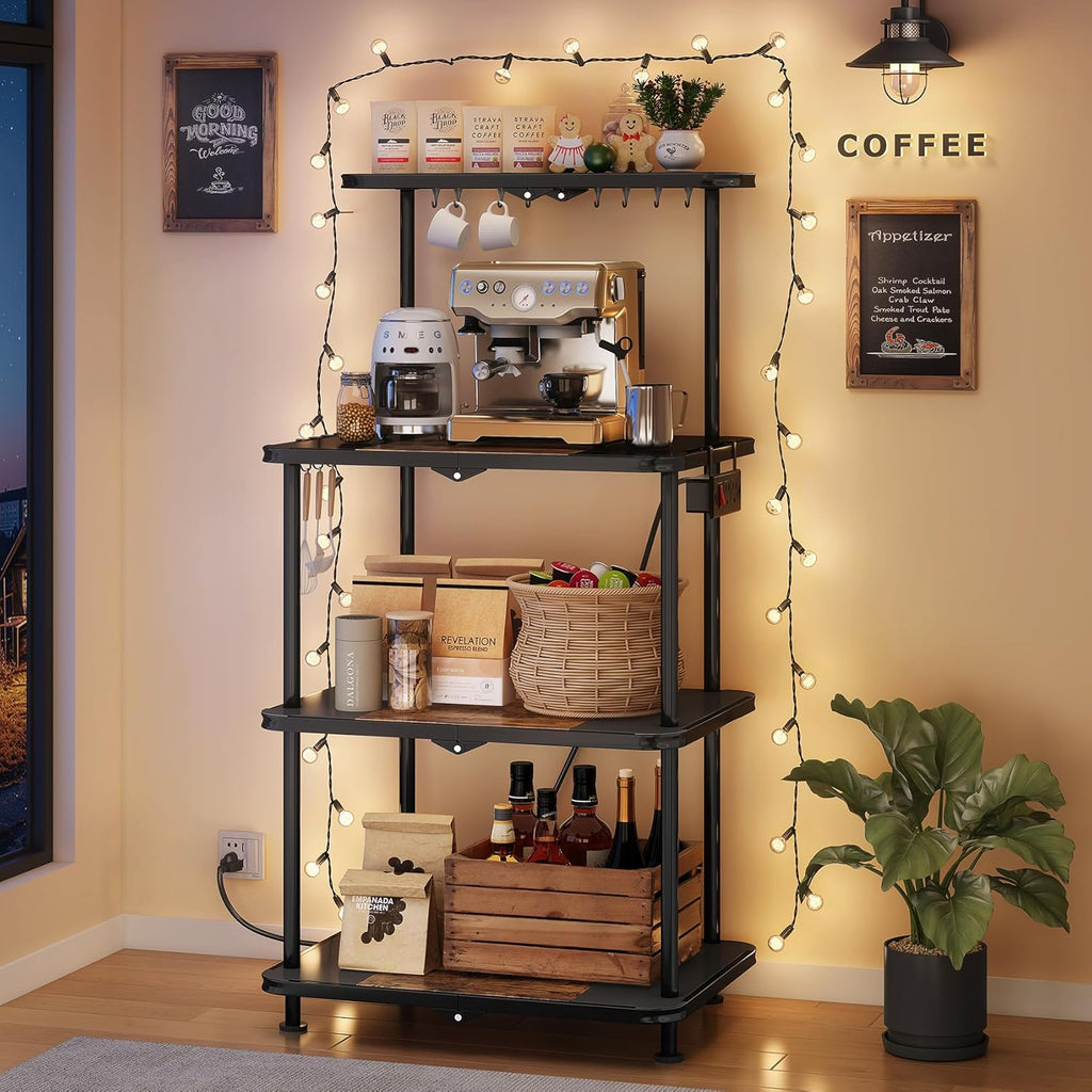 SNTD Kitchen Bakers Rack with Power Outlet - Easy & Tool-Free Assembly, Adjustable Coffee Bar Station 4 Tiers, Microwave Stand with 12 Hooks, Brown