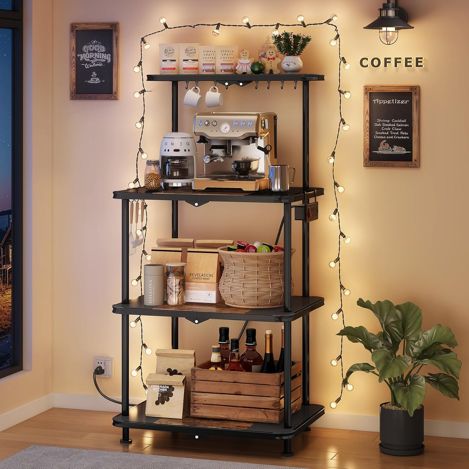 SNTD Kitchen Bakers Rack with Power Outlet - Easy & Tool-Free Assembly, Adjustable Coffee Bar Station 4 Tiers, Microwave Stand with 12 Hooks, Brown